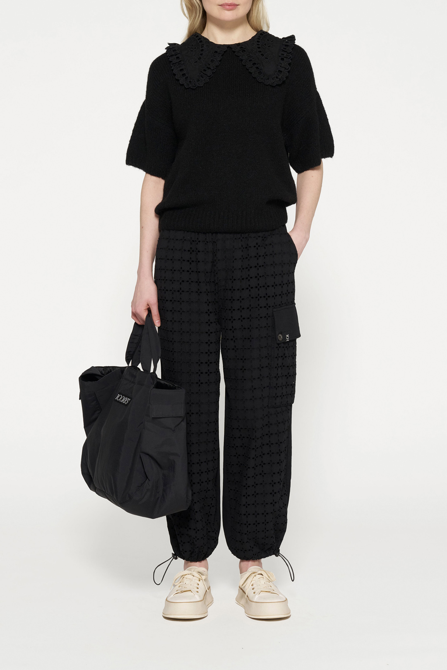 SHORT SLEEVE RUFFLE KNIT SWEATER BLACK 2