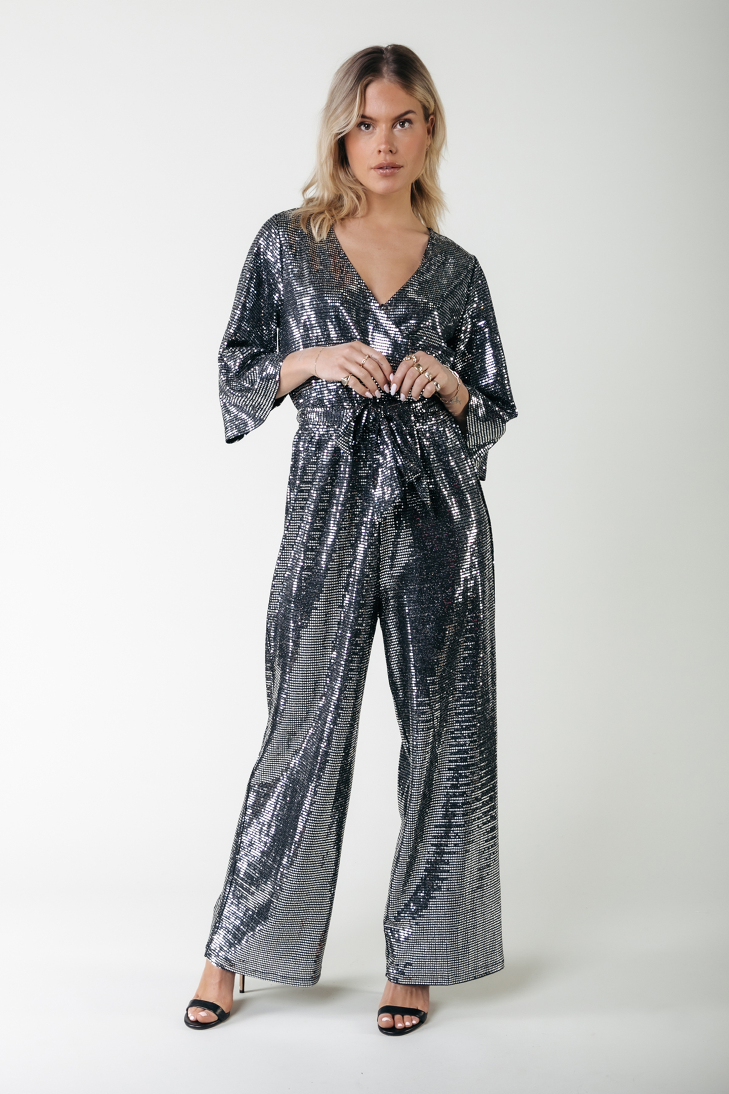 CEYLIN FOIL V-NECK JUMPSUIT SILVER GREY 1