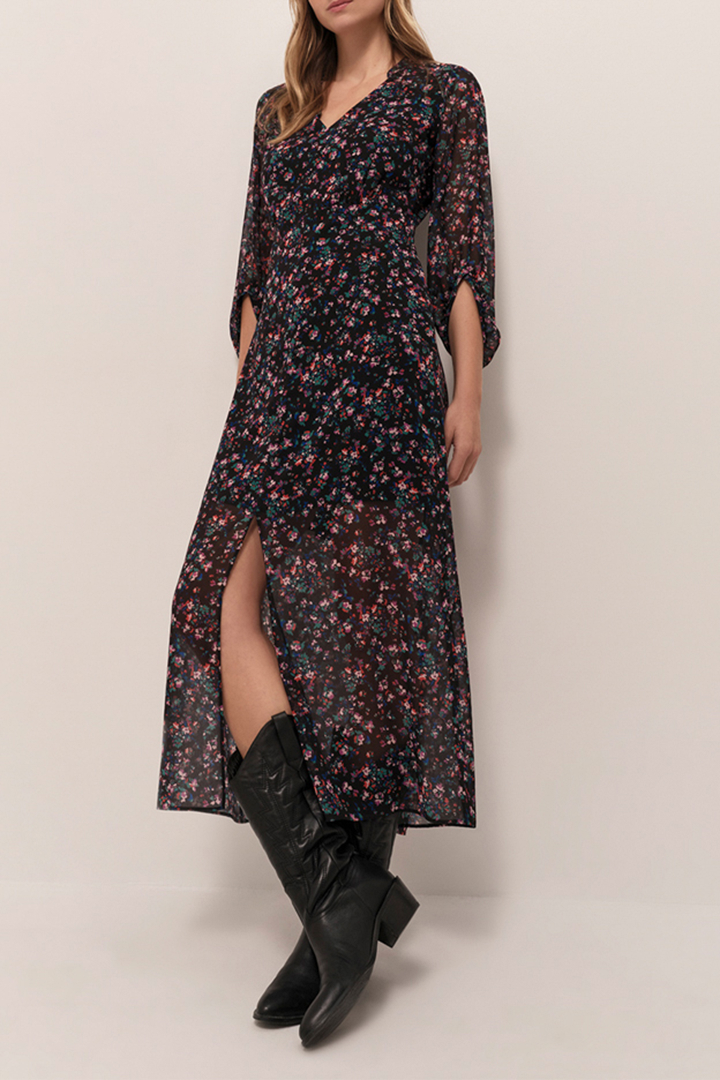 ROMEA - LONG BLACK DRESS WITH NIGHT GARDEN PRINT 3