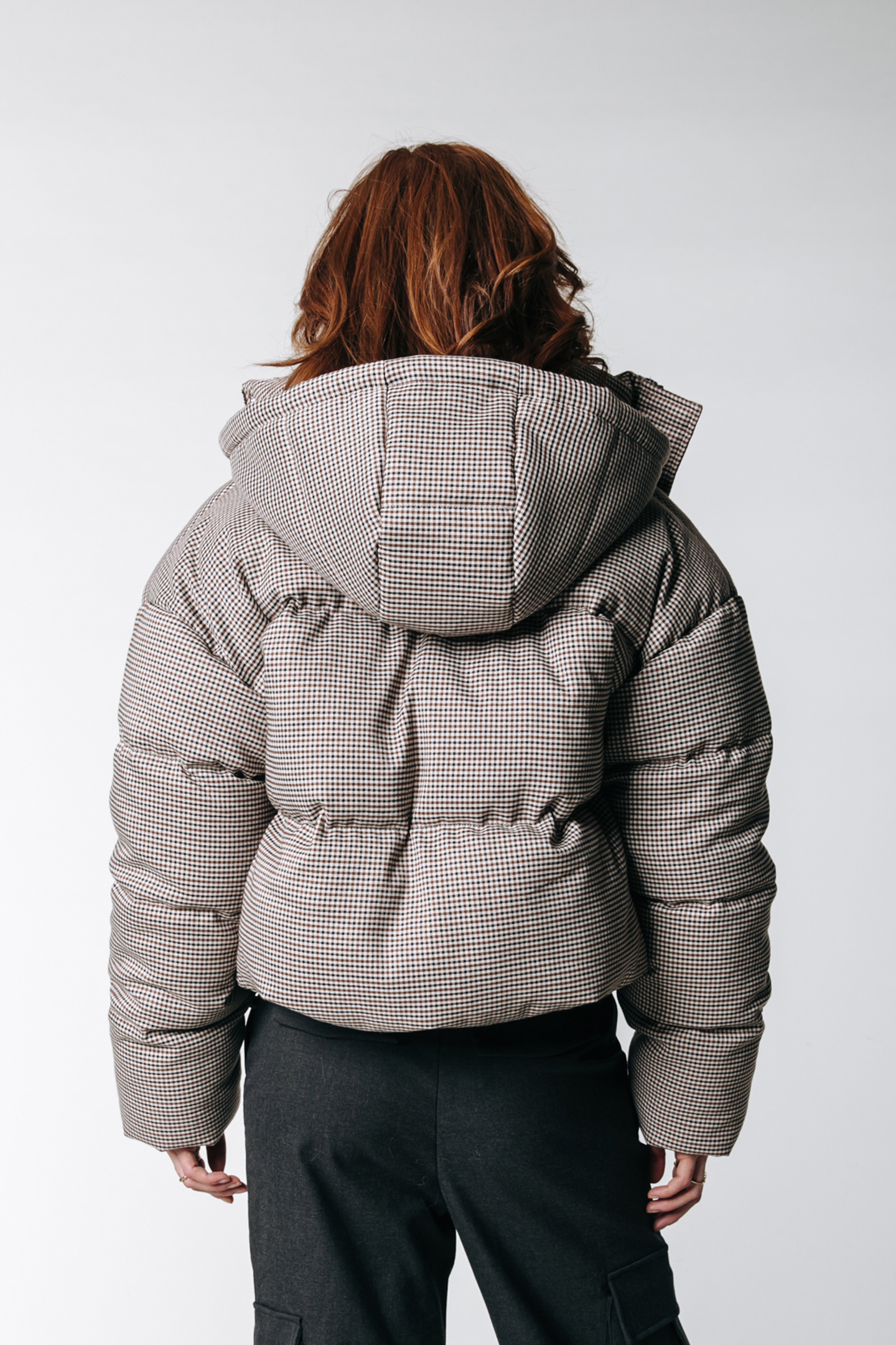 ZYA DOGTOOTH CROPPED PUFFER JACKET BROWN 2