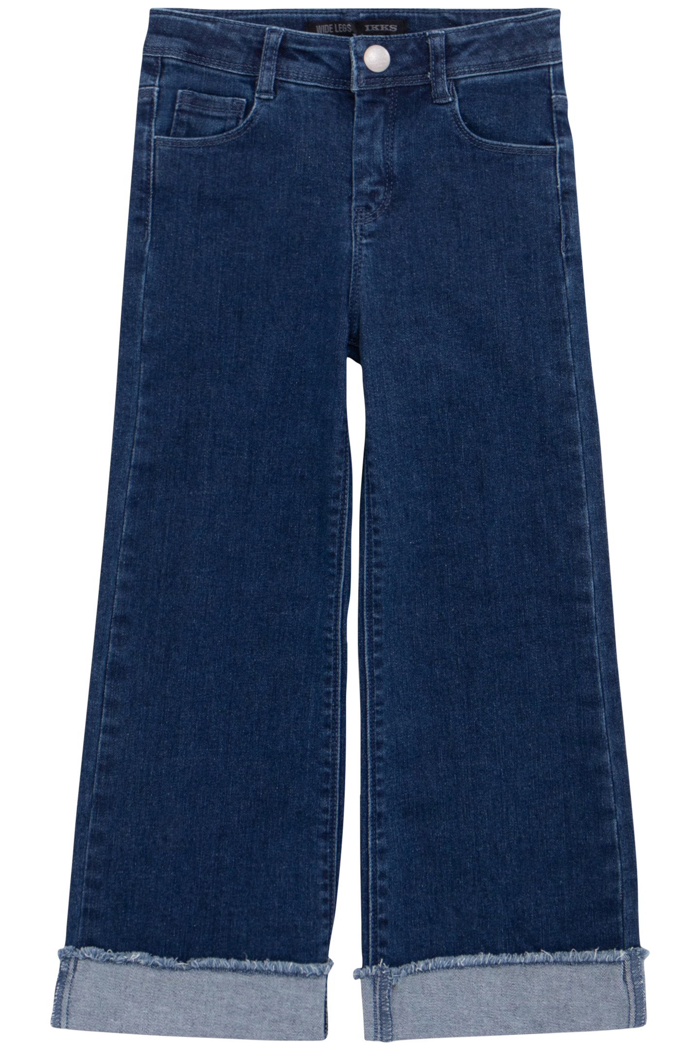 GIRLS’ BLUE WIDE LEG JEANS, FIXED FRINGED TURNED UP CUFFS 1