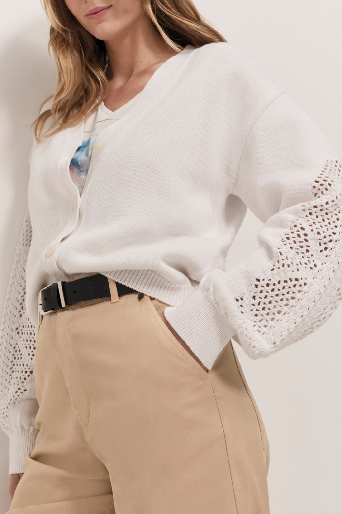 TWIST ECRU COTTON KNIT CARDIGAN WITH OPENWORK STITCHING 1