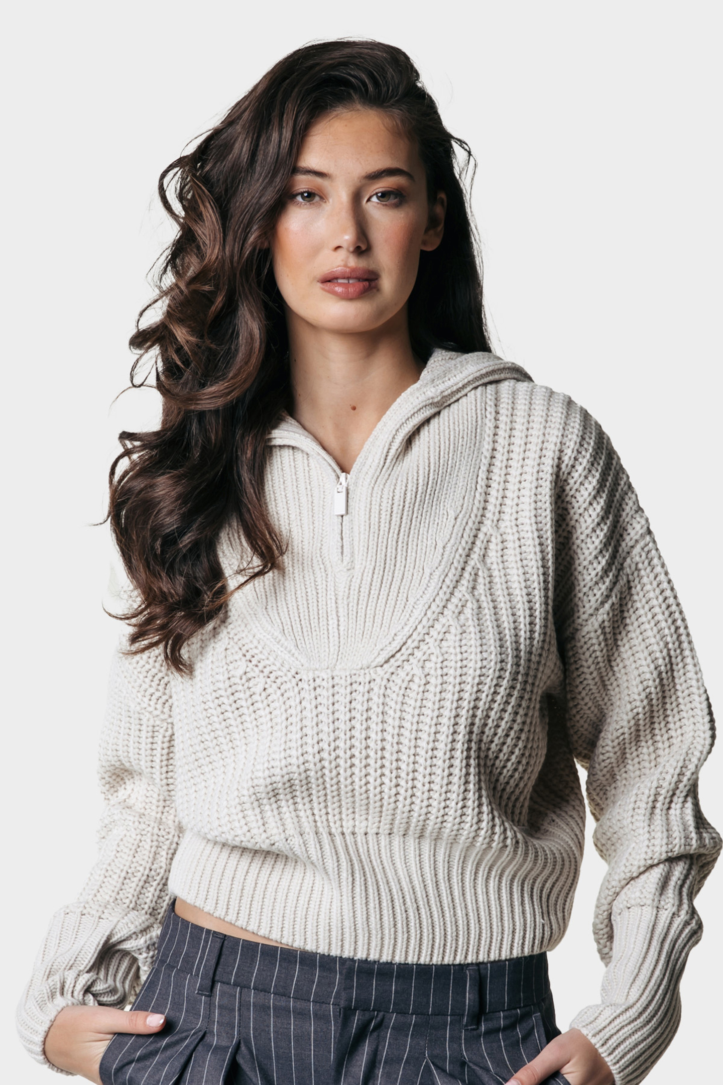 YFKE KNITWEAR ZIP PULLOVER FOG BEIGE 1