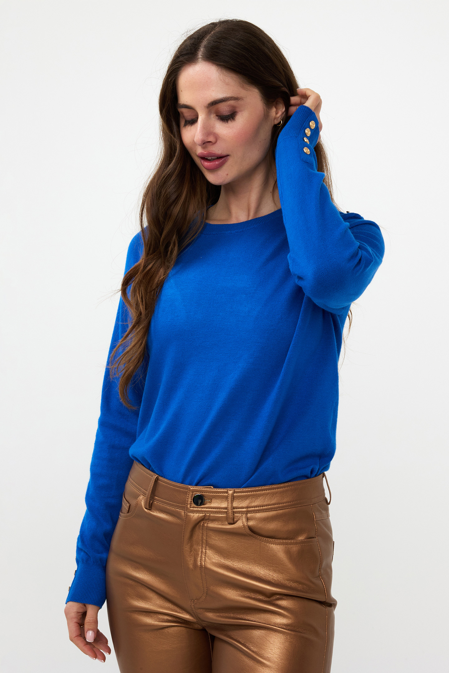 SWEATER GATHERING BUTTON DETAILS BASIC KNIT BRILLIANT BLUE 1