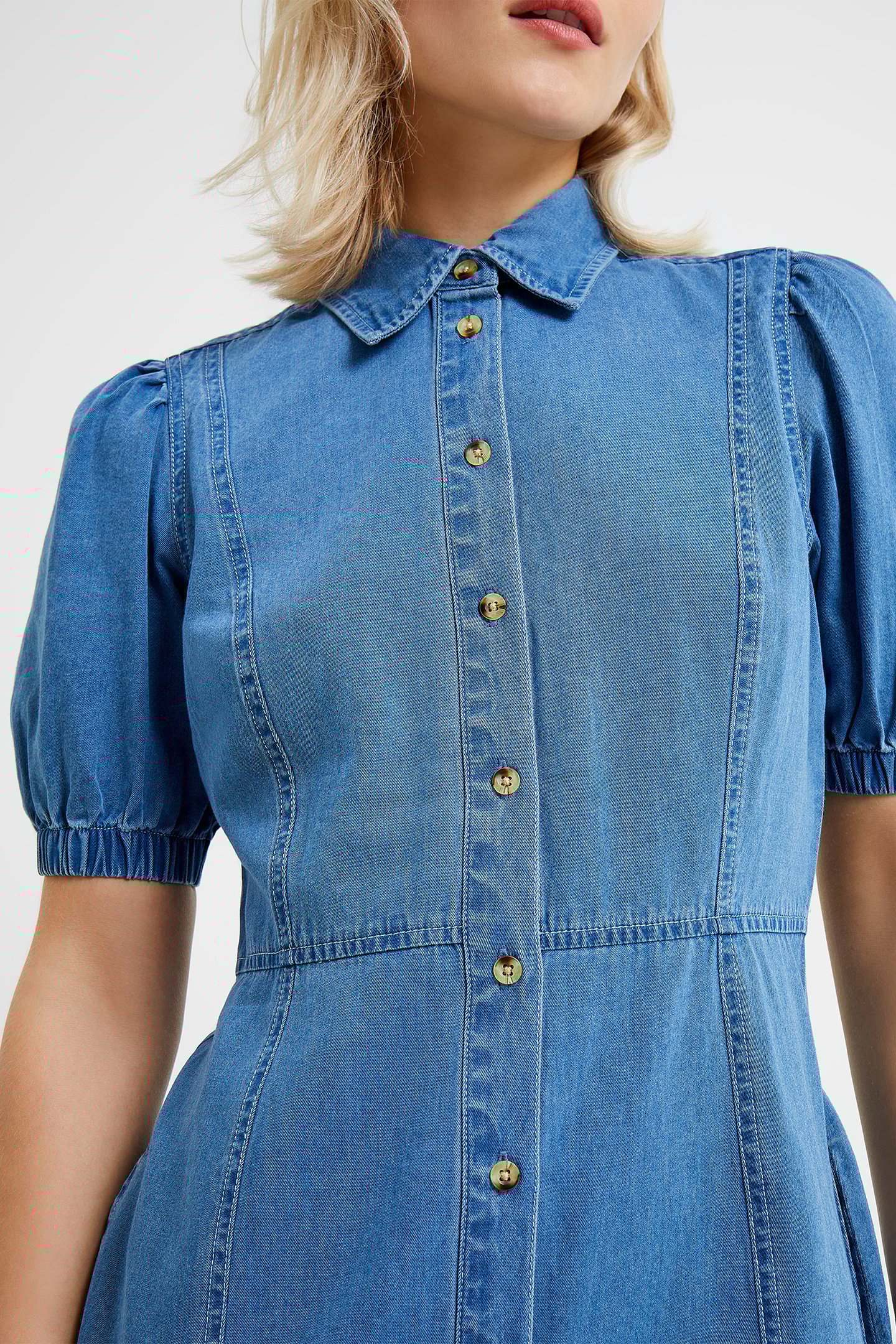 CHAMBRAY PUFF SLEEVE DRESS LIGHT INDIGO 5