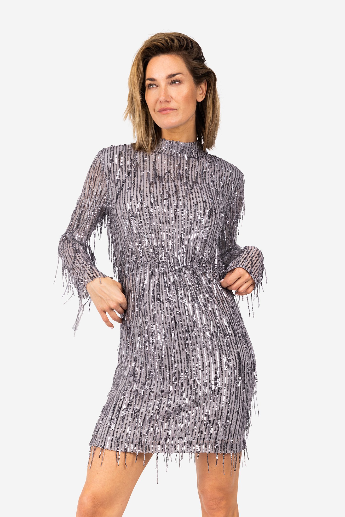 FRASY - PARTY DRESSES GREY FRINGED 1