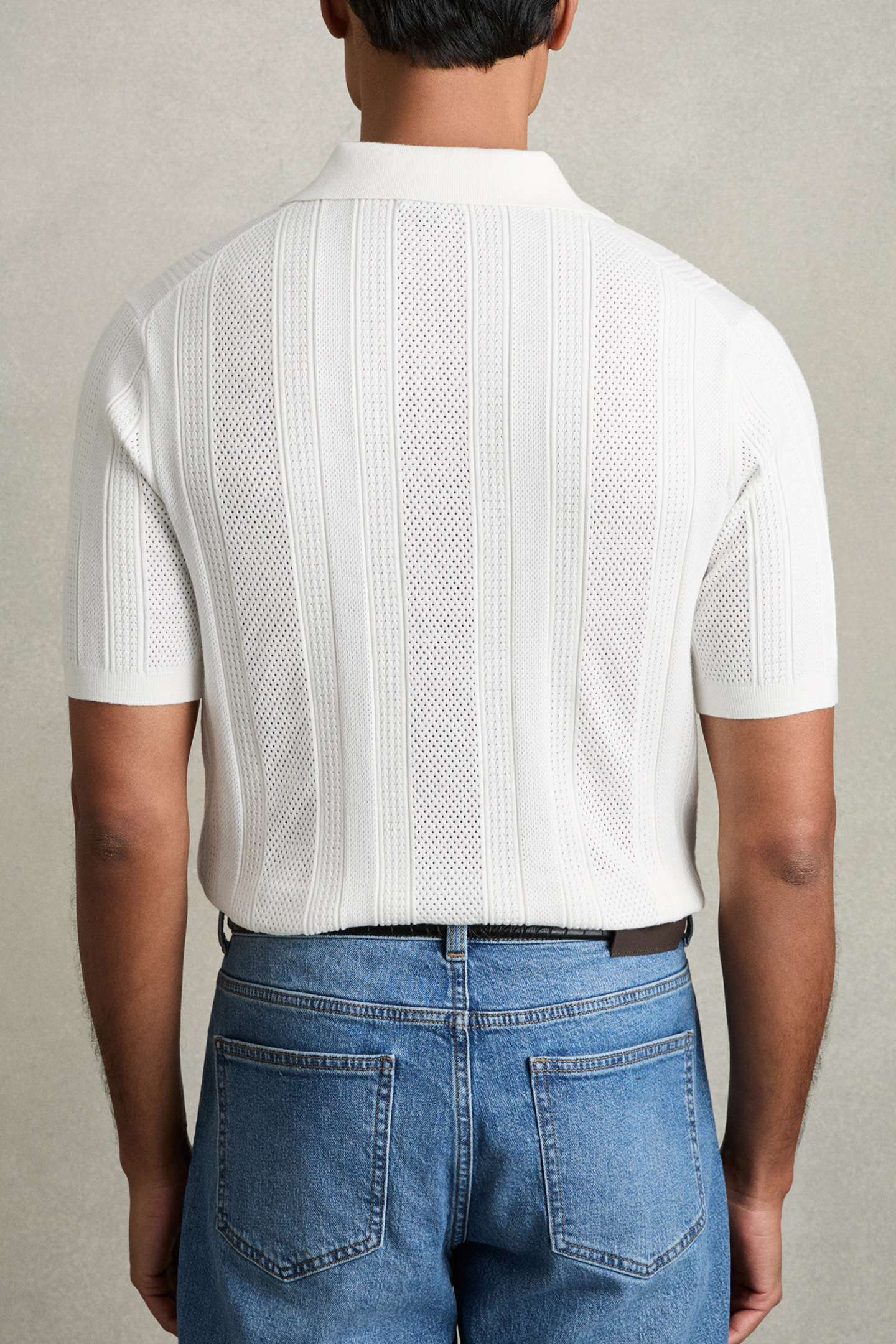 SS OPEN COLLAR STRIPE TEXTURED KNITTED POLO WHITE 2