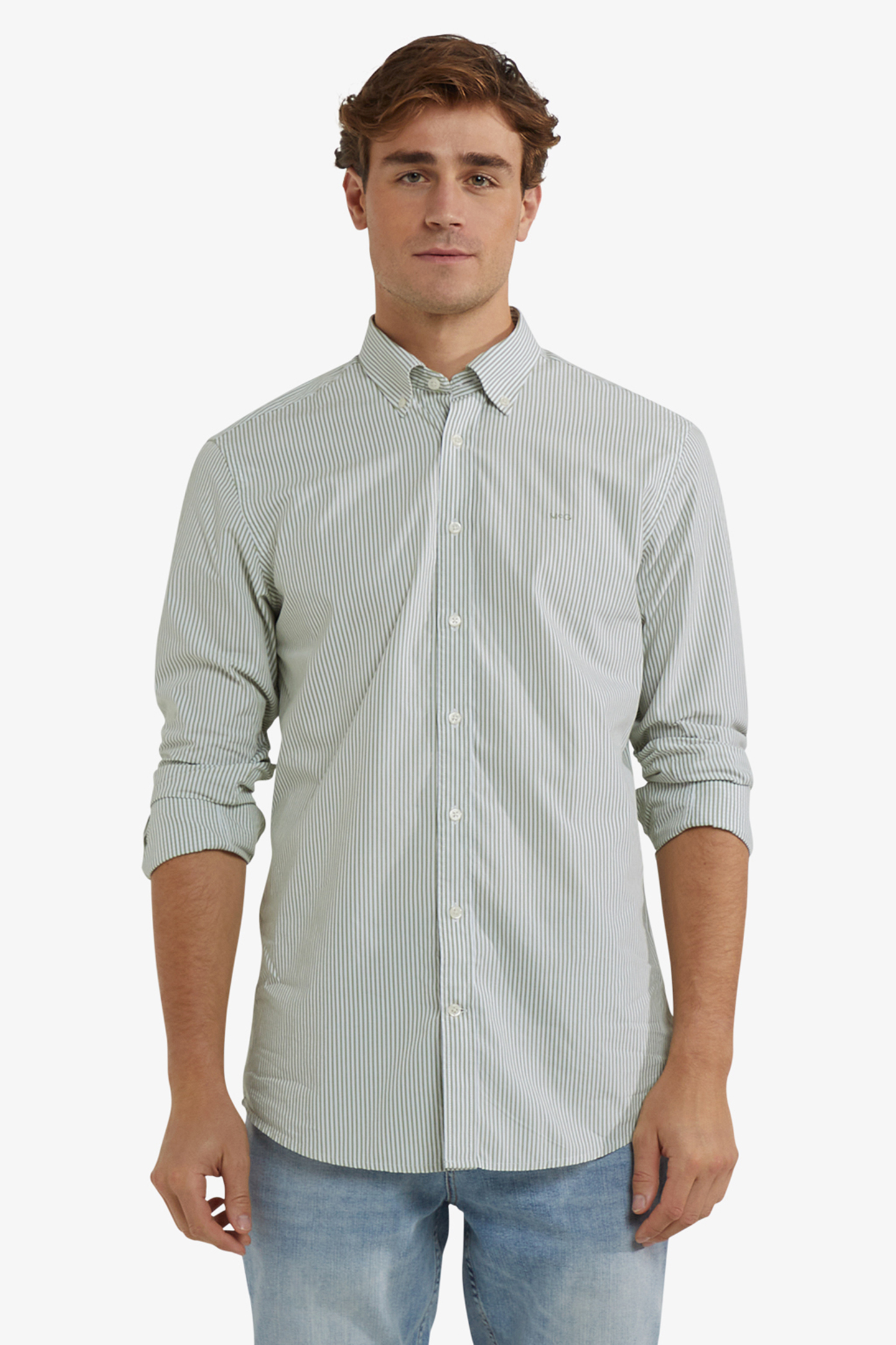 POPLIN STRIPE PEACHED SHIRT MOSS GREEN 1