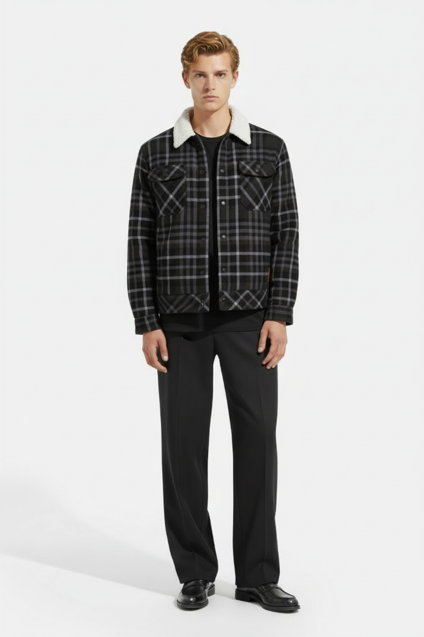SHERPA LINED PLAID FLANNEL EISENHOWER JACKET BLACK GREY 1