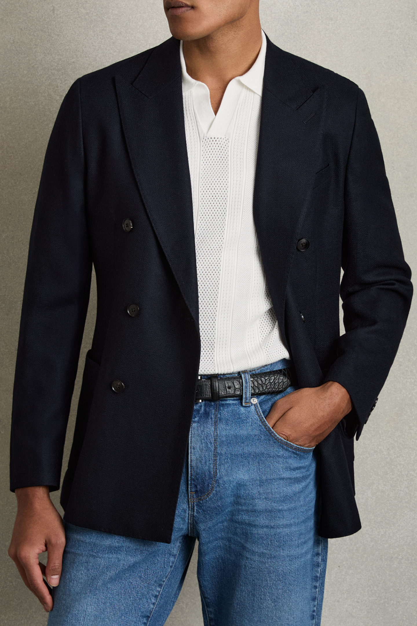 SS OPEN COLLAR STRIPE TEXTURED KNITTED POLO WHITE 6