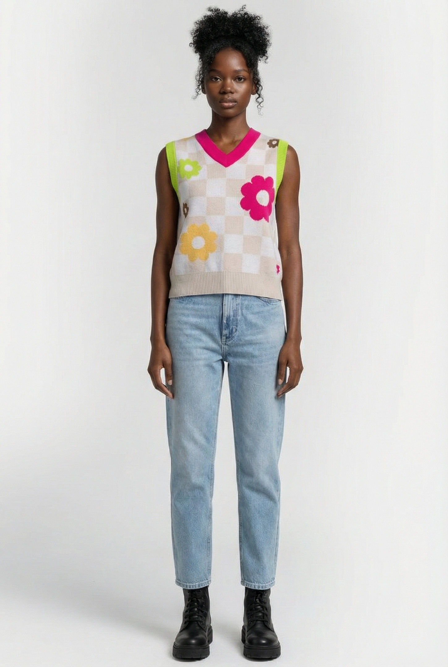 STELLA SWEATER VEST MENDED CHECK DENIM OATMEAL 1