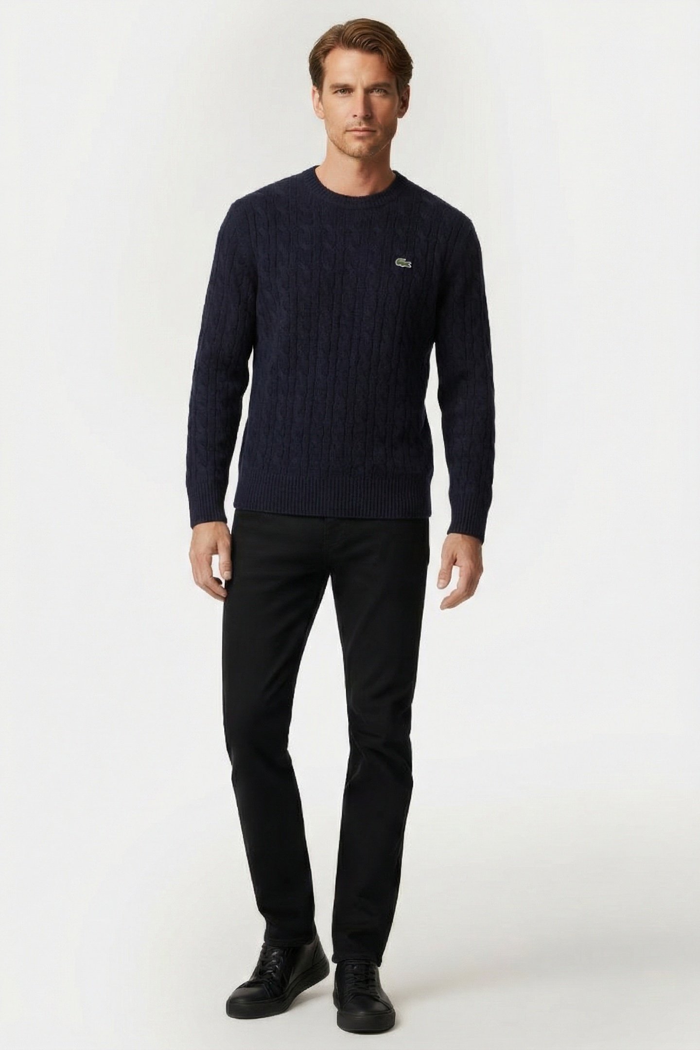 CABLE KNIT WOOL CREW NECK SWEATER NAVY BLUE by Lacoste