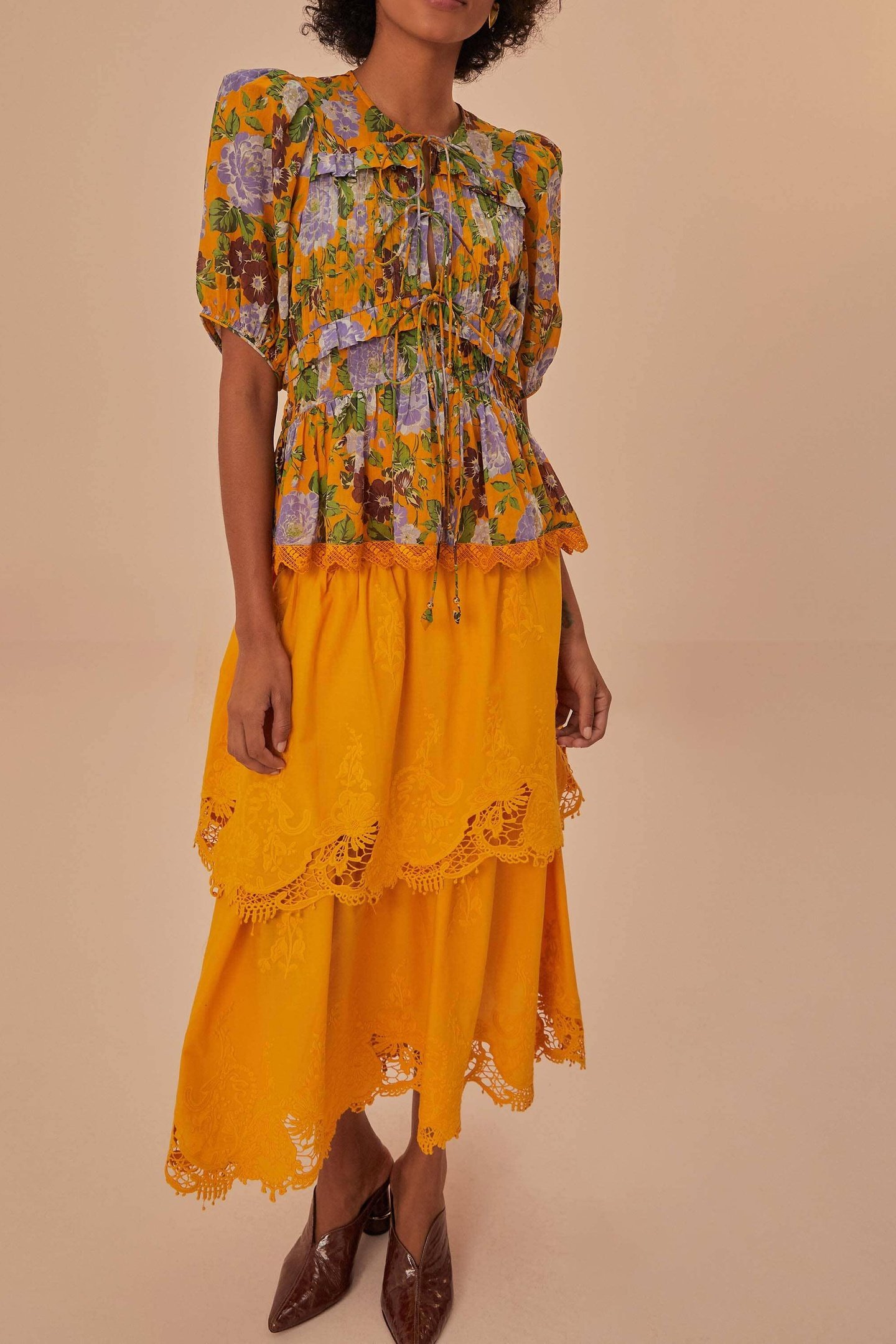 MUSTARD YELLOW TIERED LACE MIDI SKIRT 3