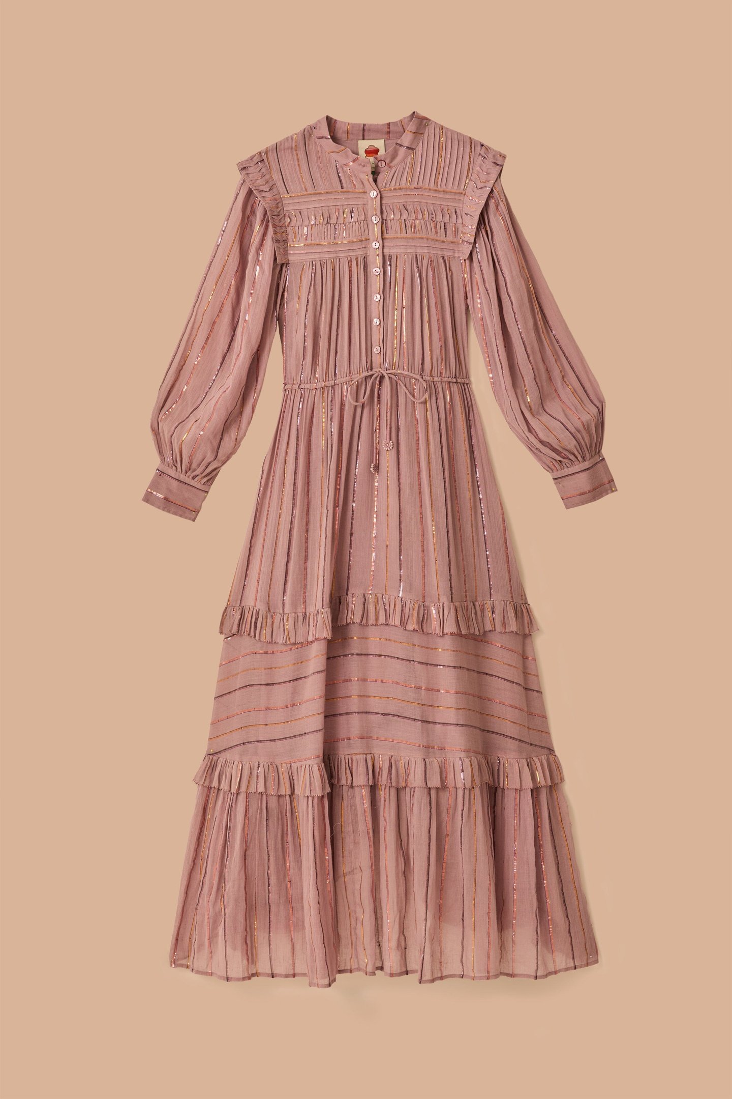 LIGHT PINK PLEATED YOKE TIERED MAXI DRESS 3