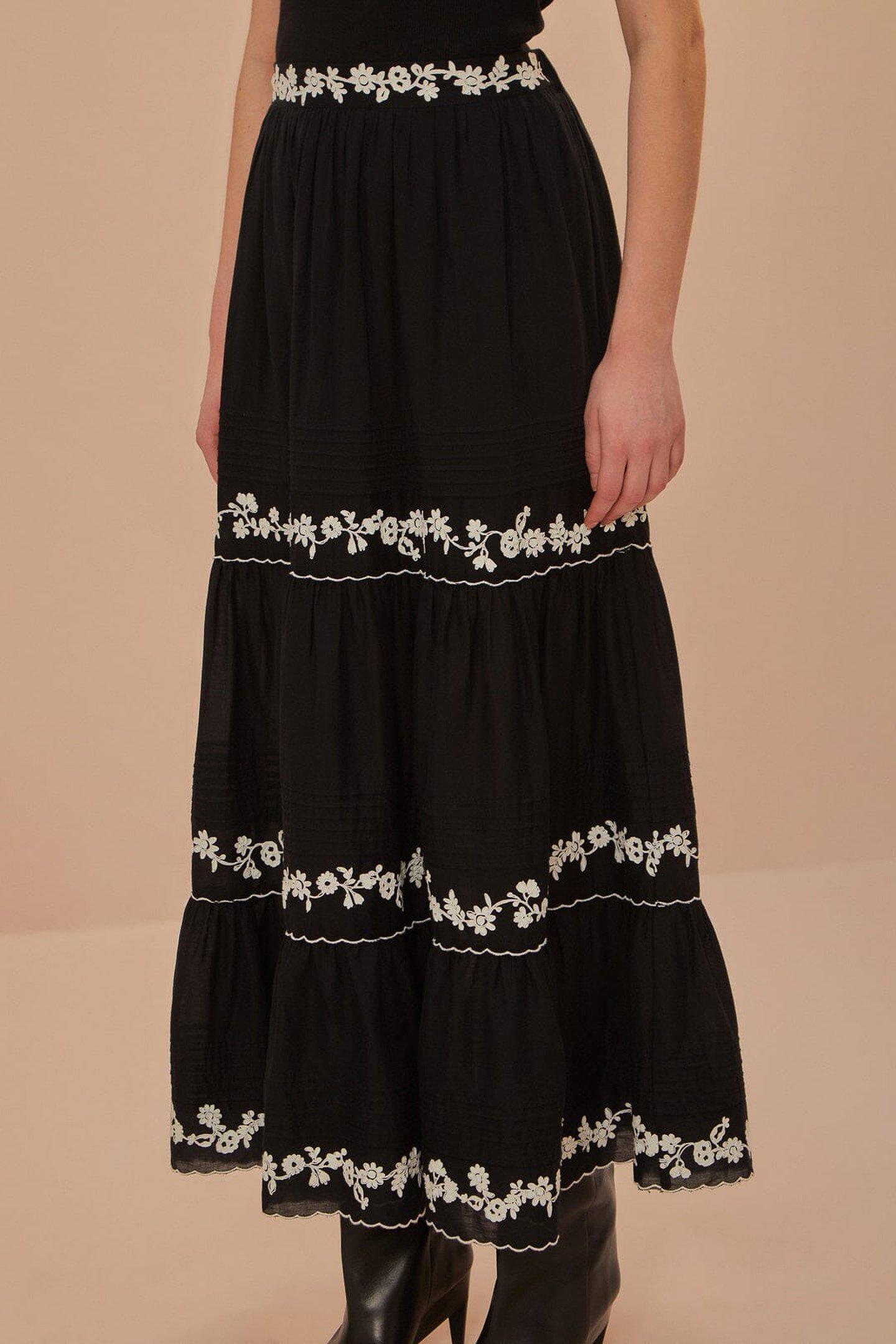 BLACK EMBROIDERED RUFFLED MAXI SKIRT 1