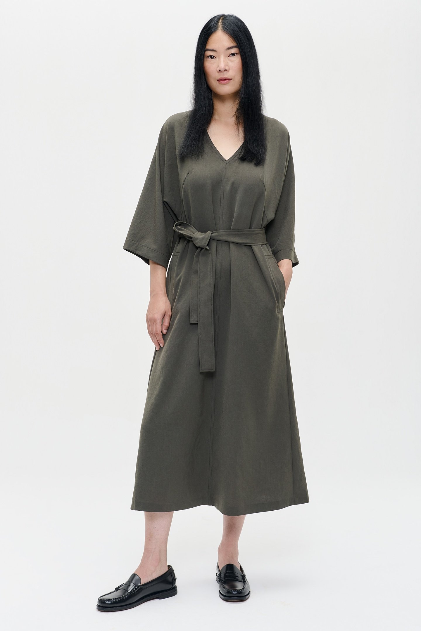 JAPANESE CREPE V-NECK DRESS GREEN KELP by ZENGGI