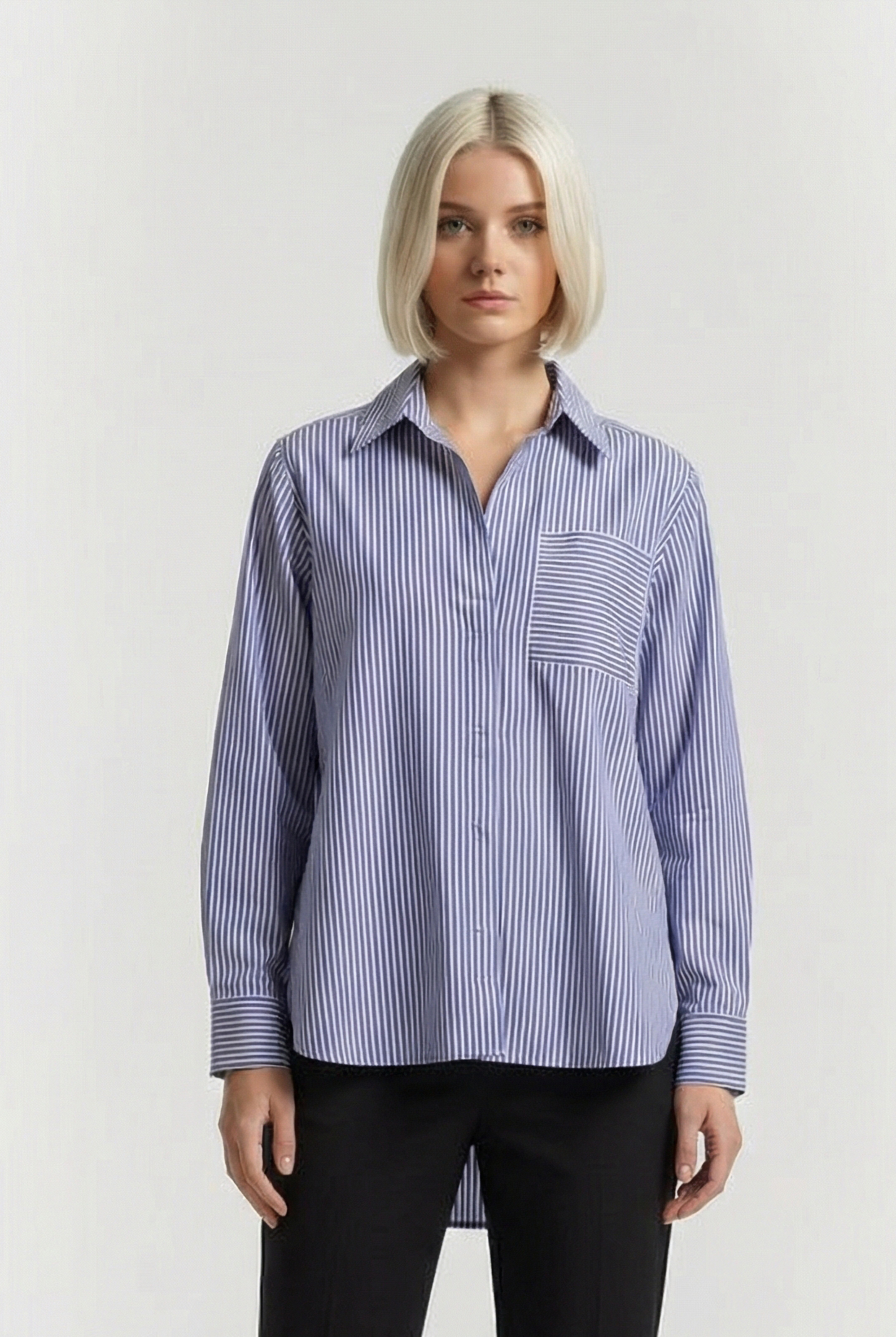 STRIPE POPOVER BUTTON THROUGH BLUE/WHT TICKING STP 1