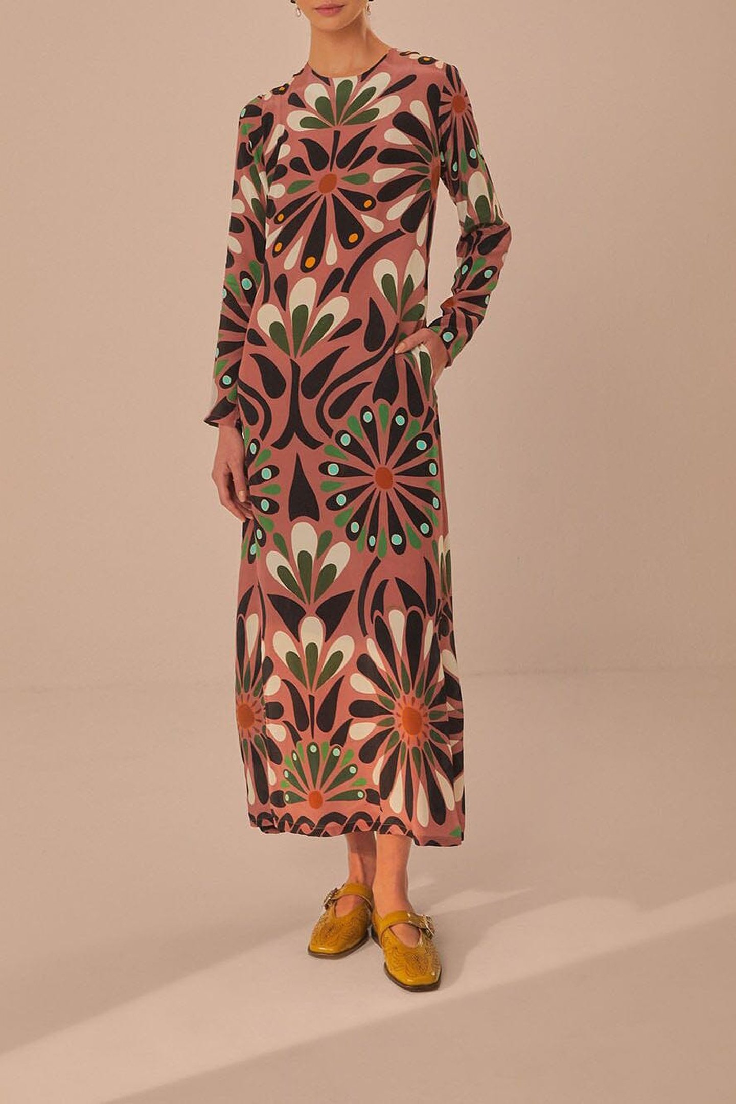 AINIKA FLOWERS PINK LONG SLEEVE MAXI DRESS 1