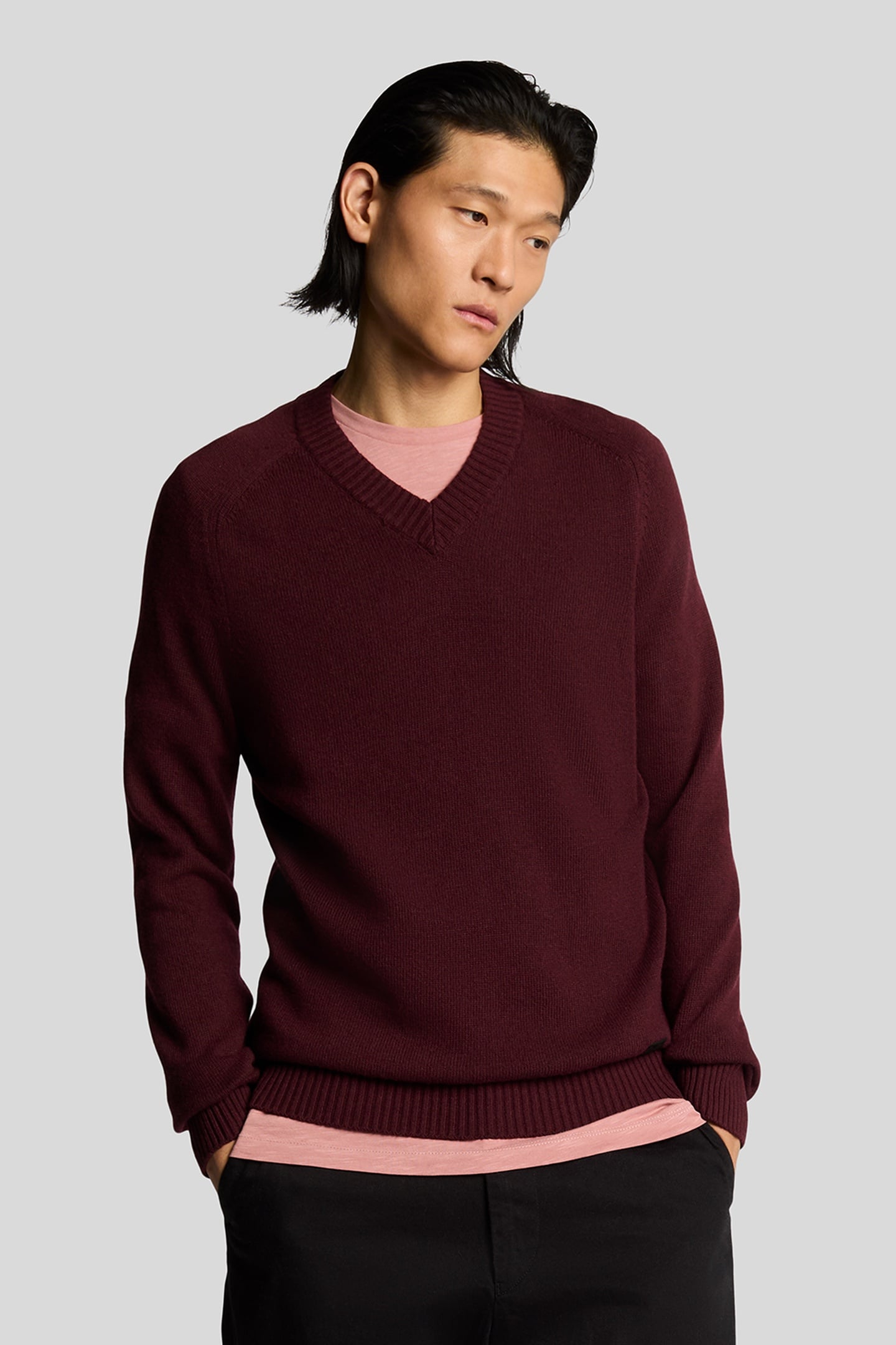 SADDLE SLEEVE V NECK JUMPER BURGUNDY HEATHER 2
