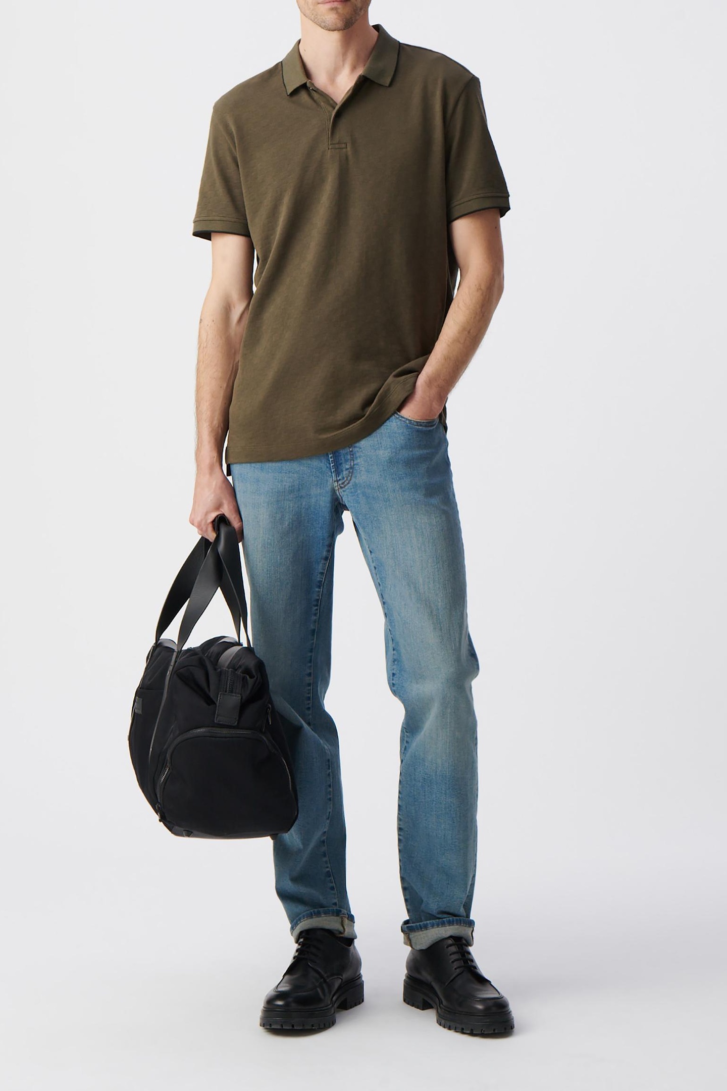 KHAKI ORGANIC COTTON CHECK JACQUARD POLO SHIRT 3