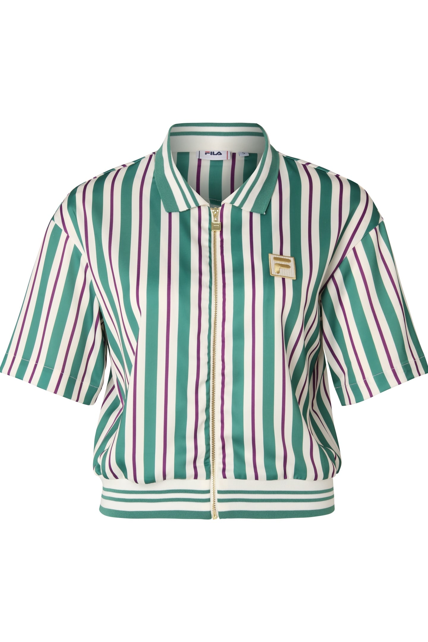 LASSANCE STRIPED CROPPED SATIN POLO FULL-ZIP SHIRT ANTIQUE W 3