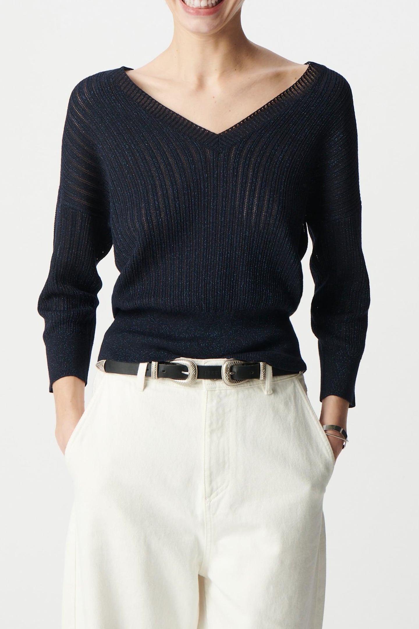 CHIC NAVY OPENWORK LUREX SWEATER 2