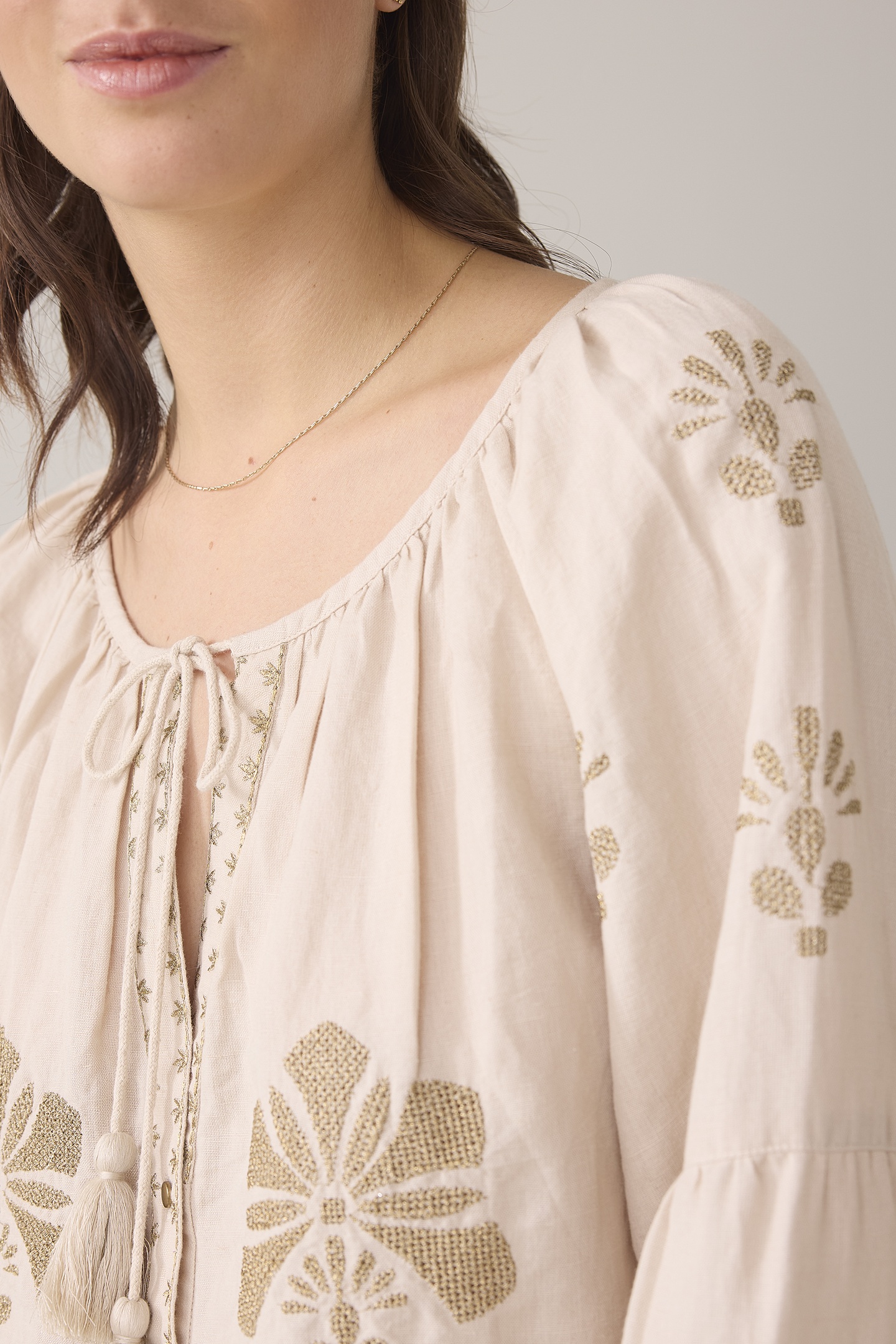 LONG SLEEVE TOP LINEN HEAVY EMBROIDERY PEBBLE BEIGE 4