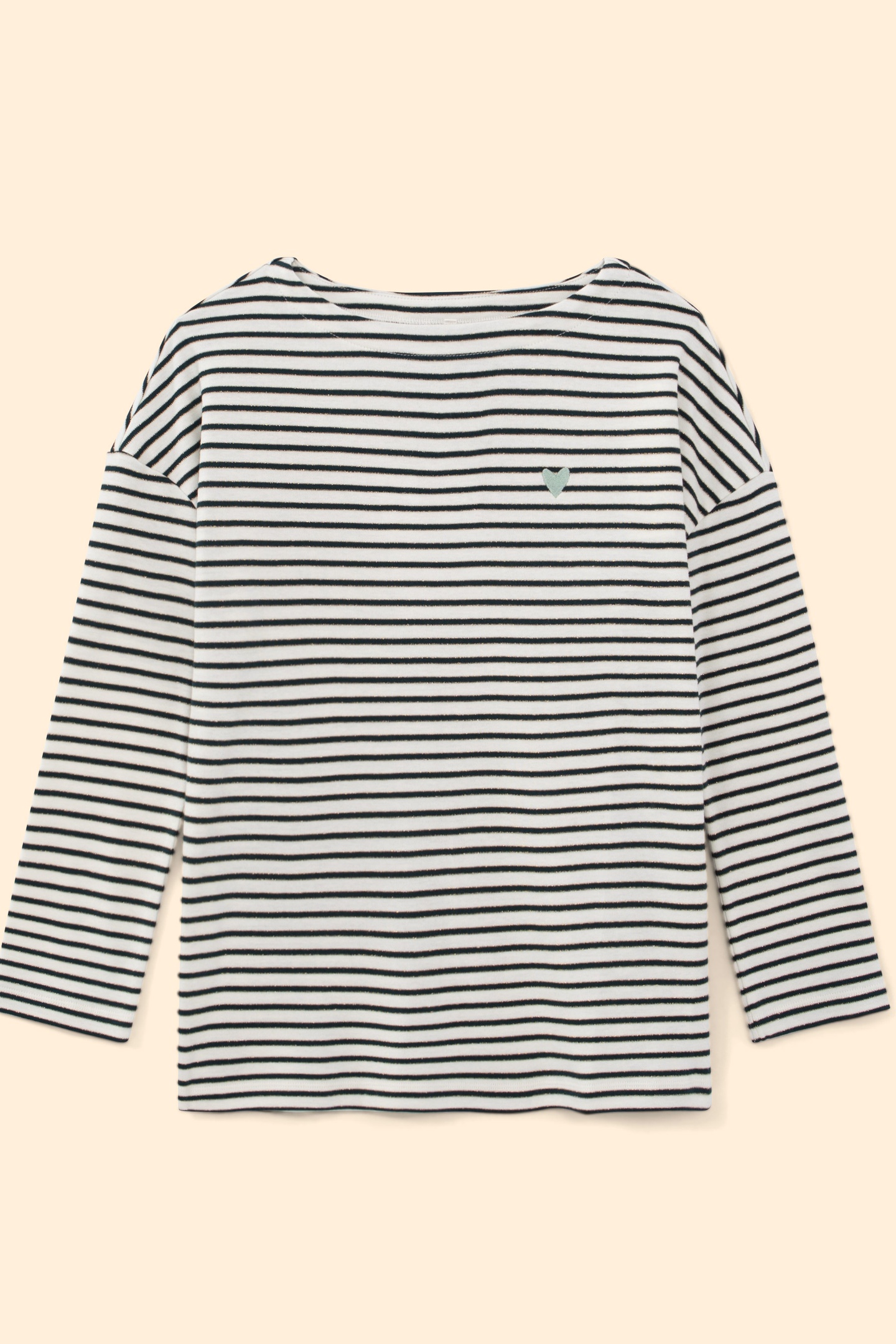 ECRU, NAVY, GOLD STRIPED T-SHIRT, EMBROIDERED HEART ECRU 7