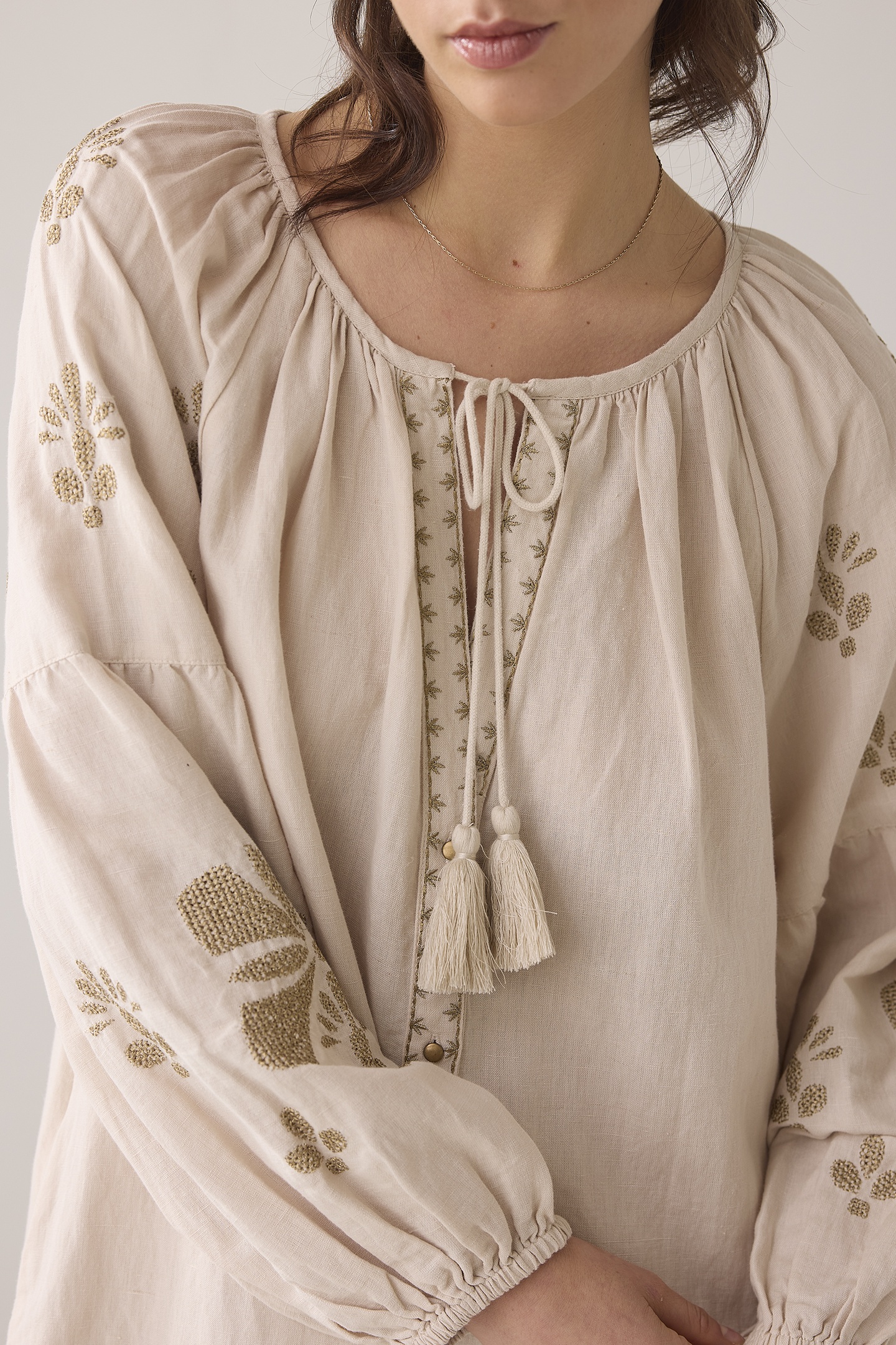 LONG DRESS LINEN HEAVY EMBROIDERY PEBBLE BEIGE 4