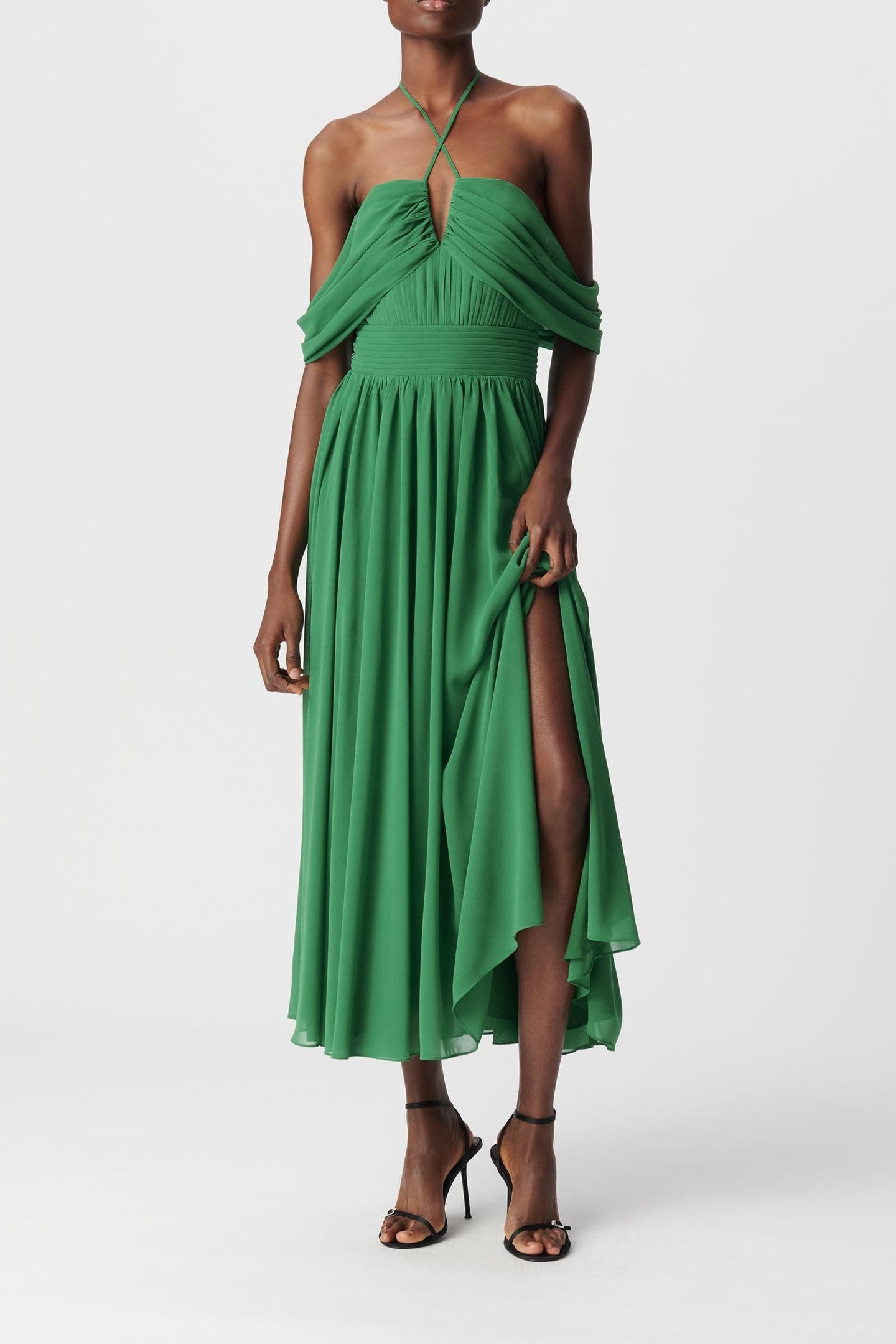 GREEN LONG DRESS WITH DRAPED STRAPS 1