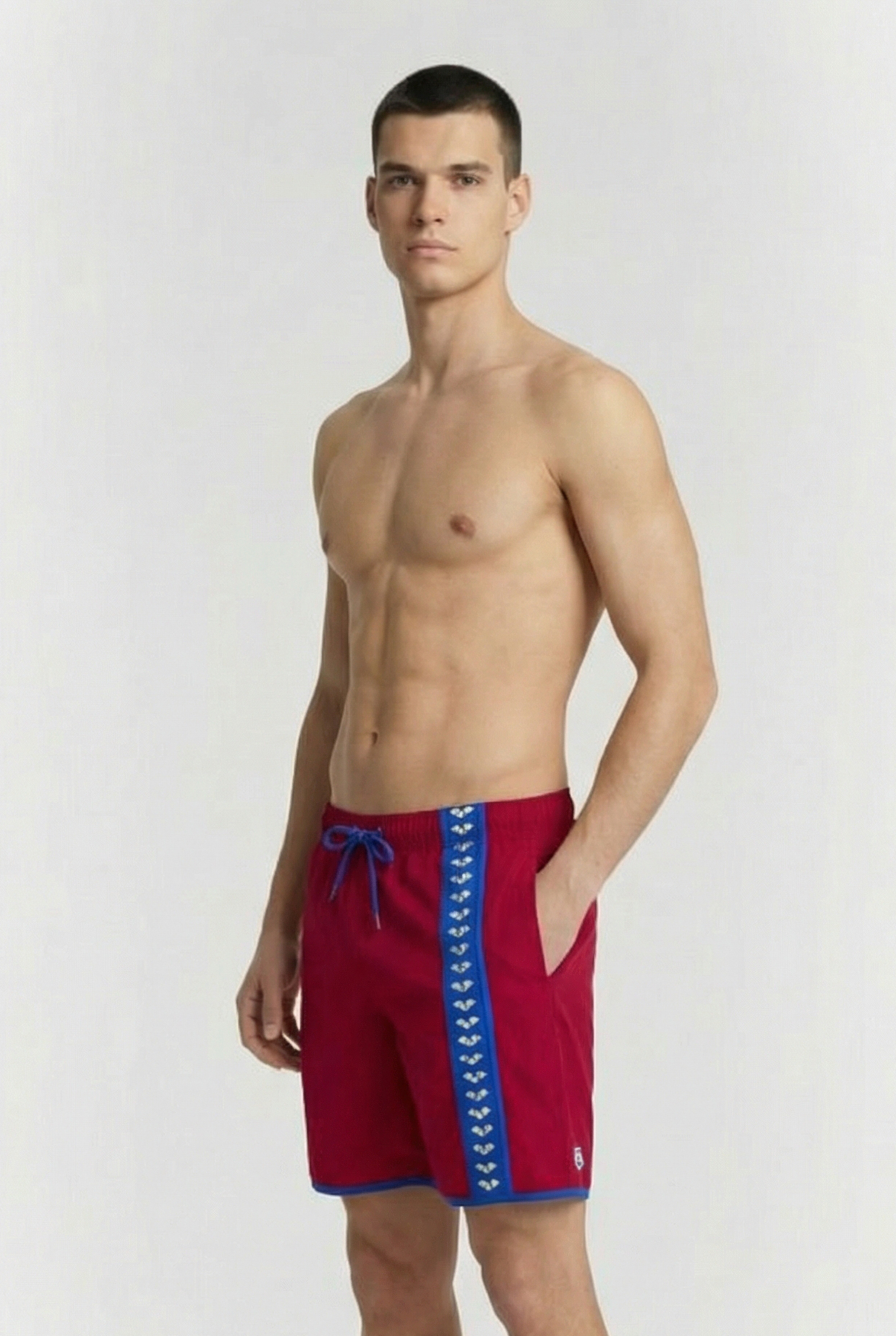 MEN'S ARENA ICONS BEACH BERMUDA LOGO BURGUNDY-NEON BLUE 3