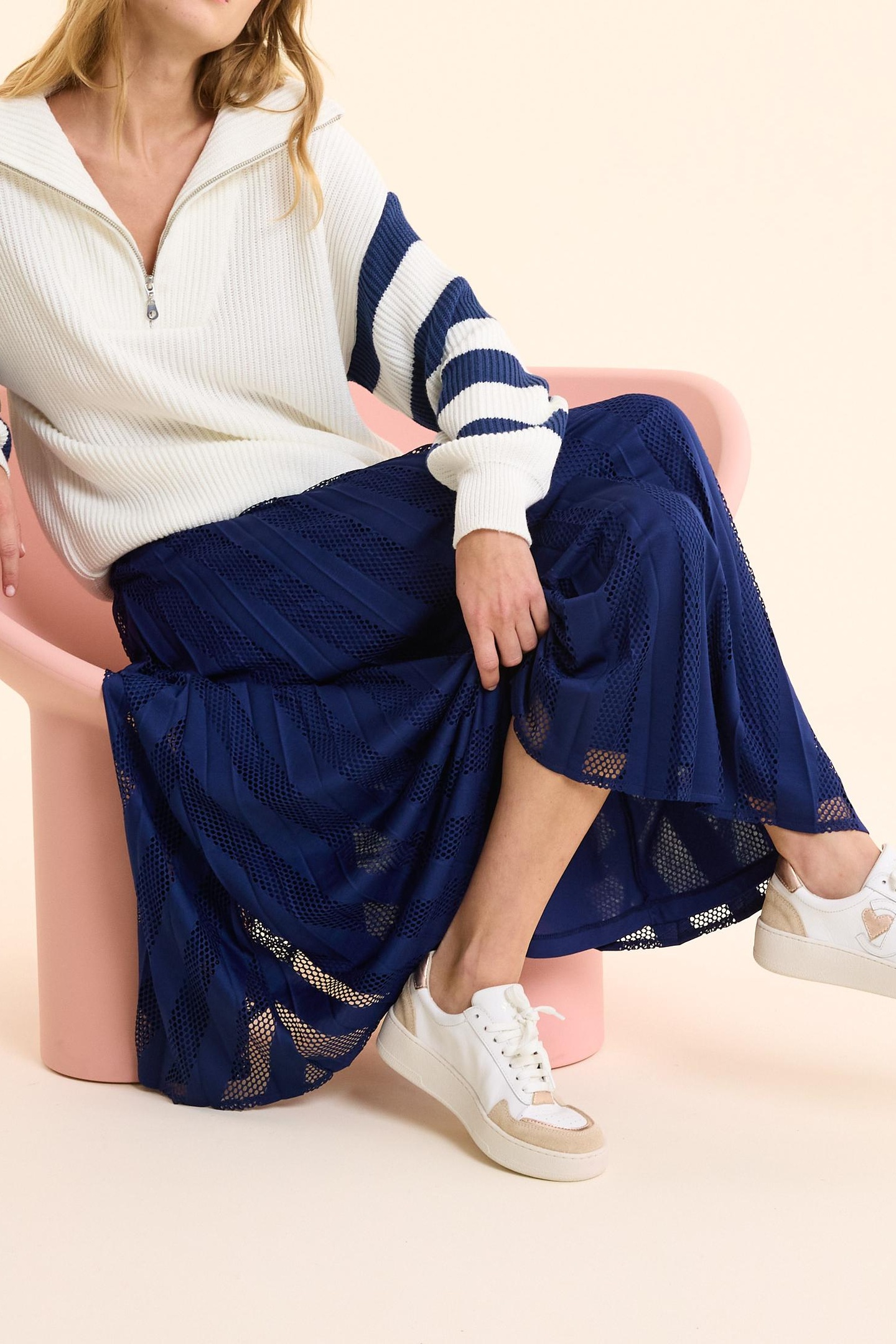 LONG INDIGO PLEATED SKIRT WITH OPENWORK STRIPES INDIGO 8