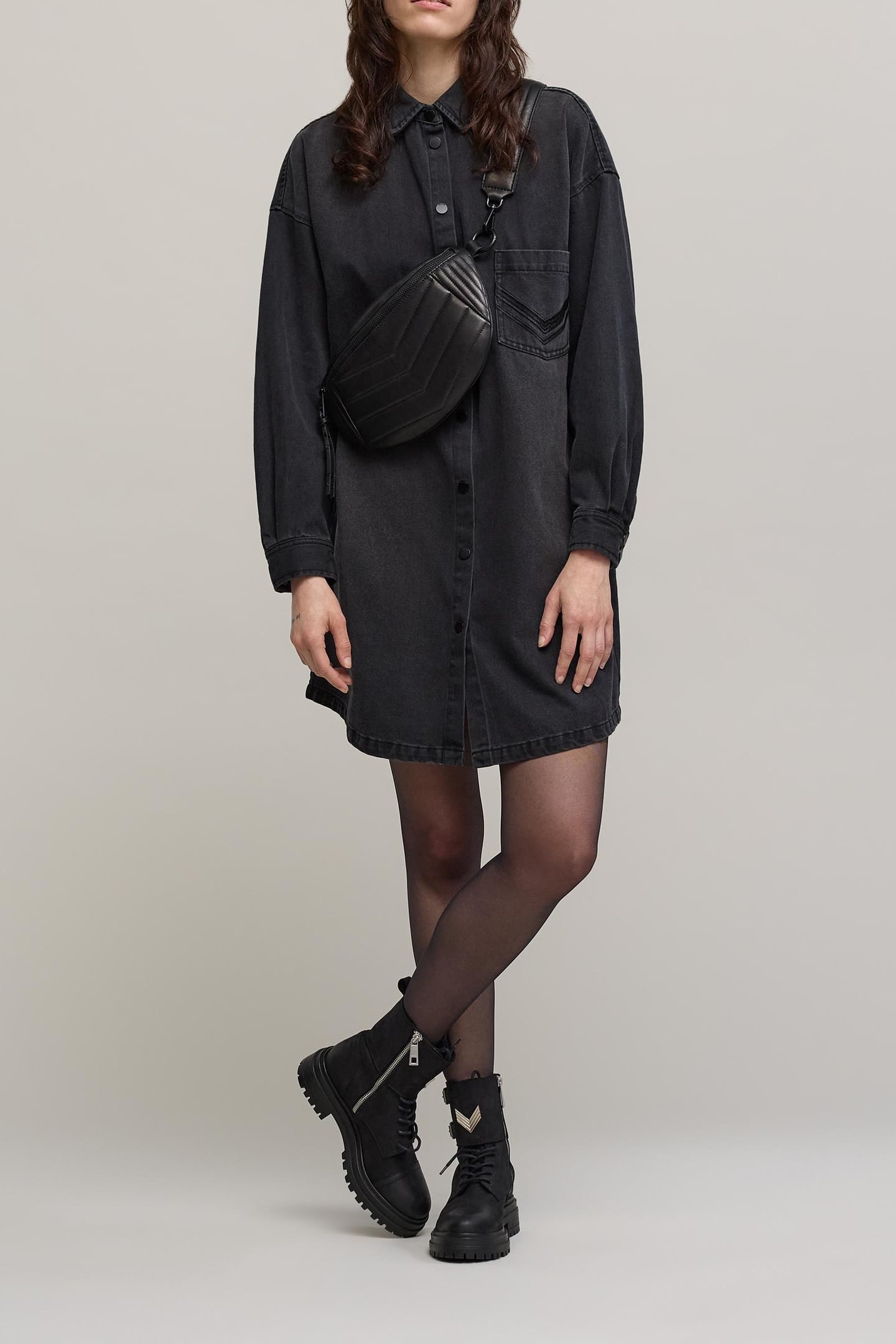 BLACK HERRINGBONE PRINT DENIM SHIRT DRESS WOMEN 2