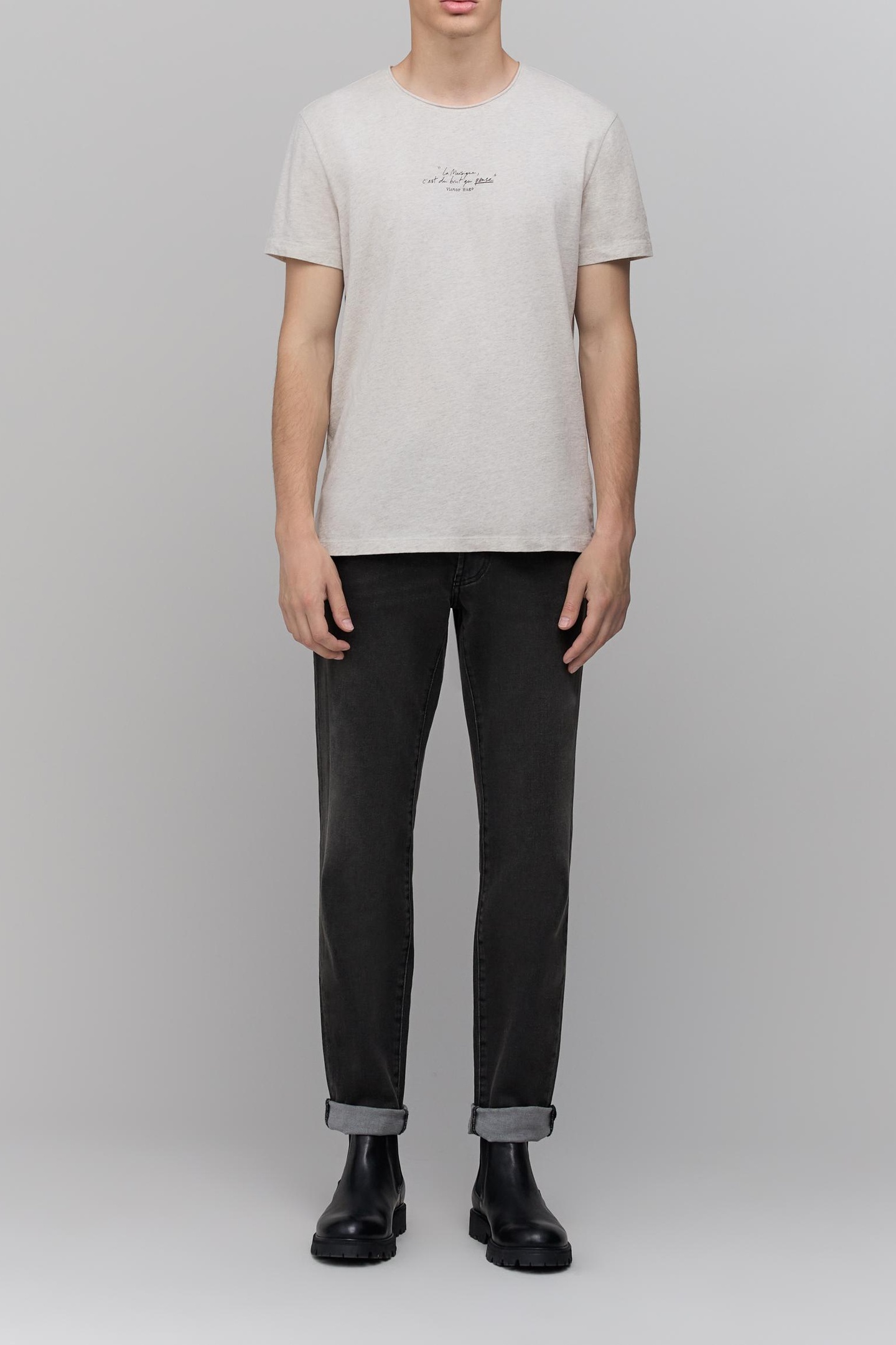 LIGHT GREY MARL UPCYCLED T-SHIRT WITH PRINT SLOGAN 1