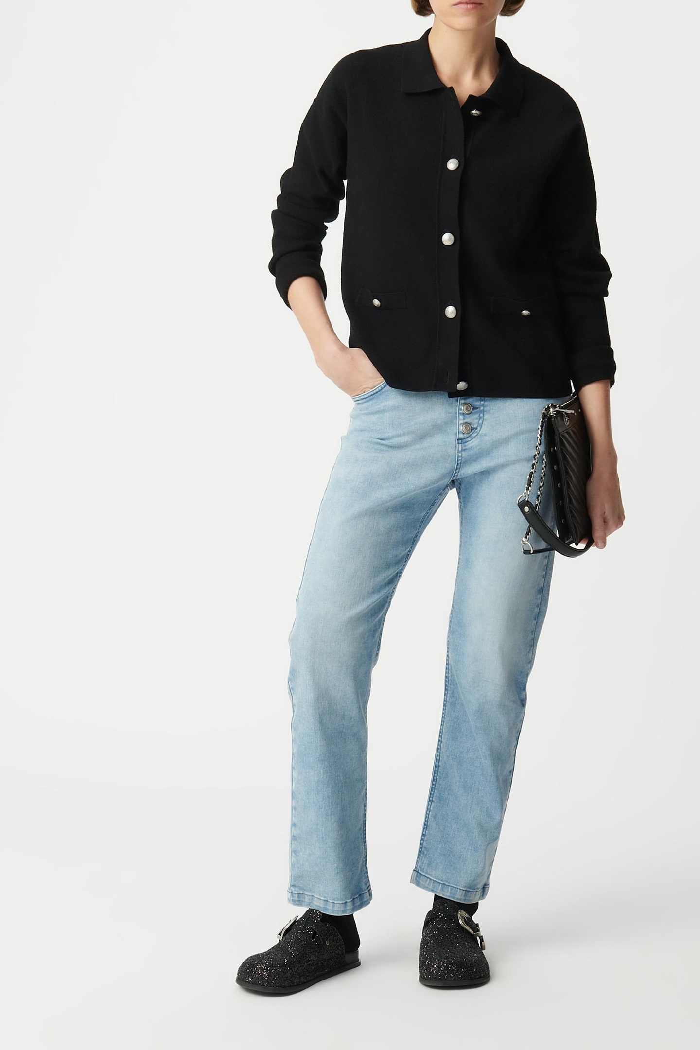 BLACK LOOSE KNIT CARDIGAN ENGRAVED METAL BUTTONS 1