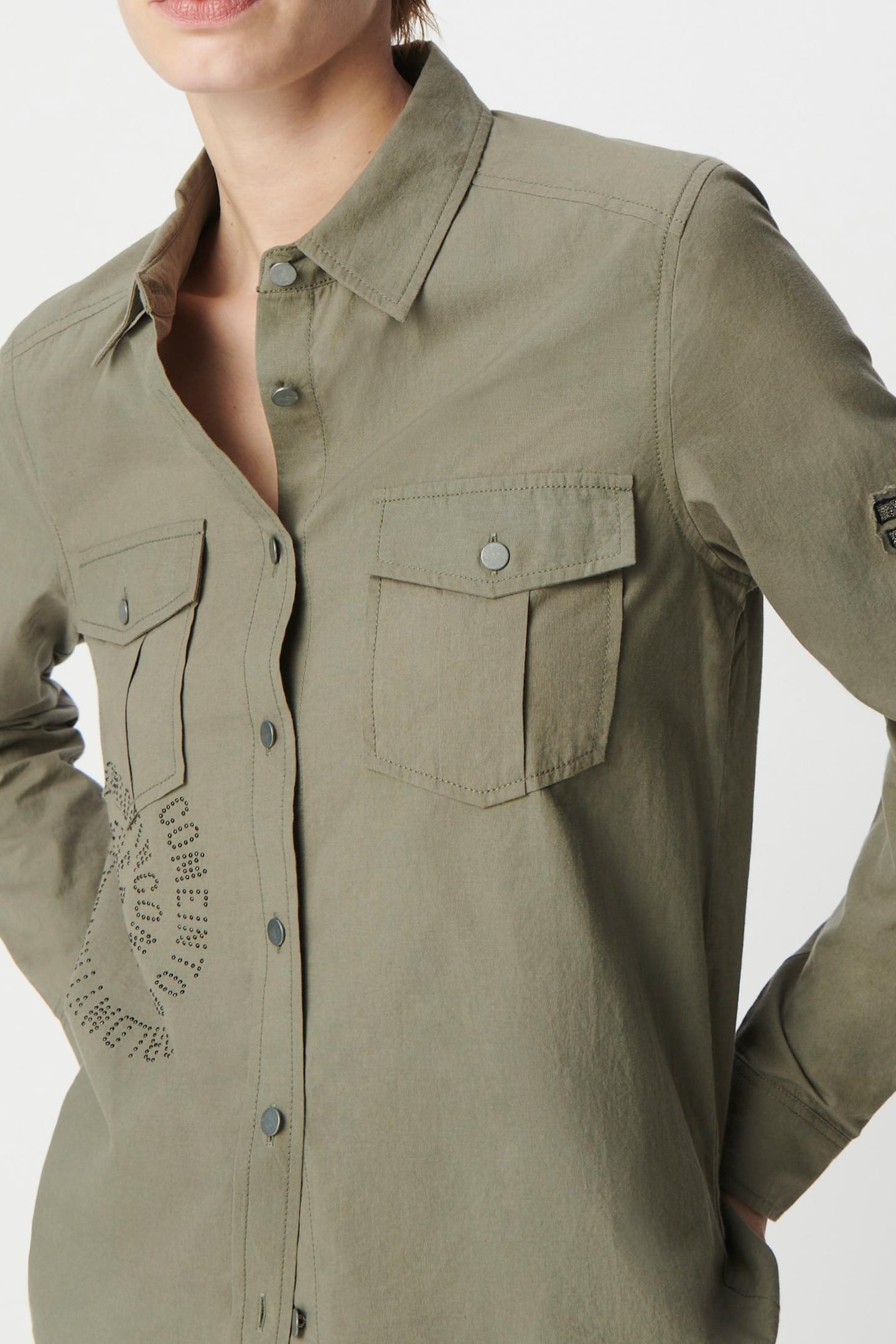 ORGANIC COTTON KHAKI SHIRT WITH STUDDED SPIRAL MESSAGE 4