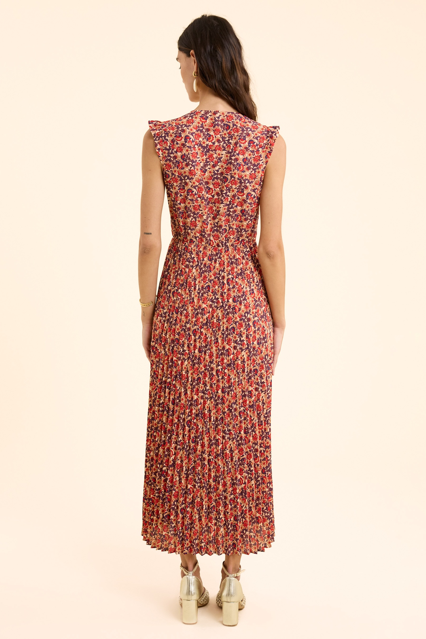 RED PLEATED LONG DRESS WITH FLOWERY PRINT ECRU 4