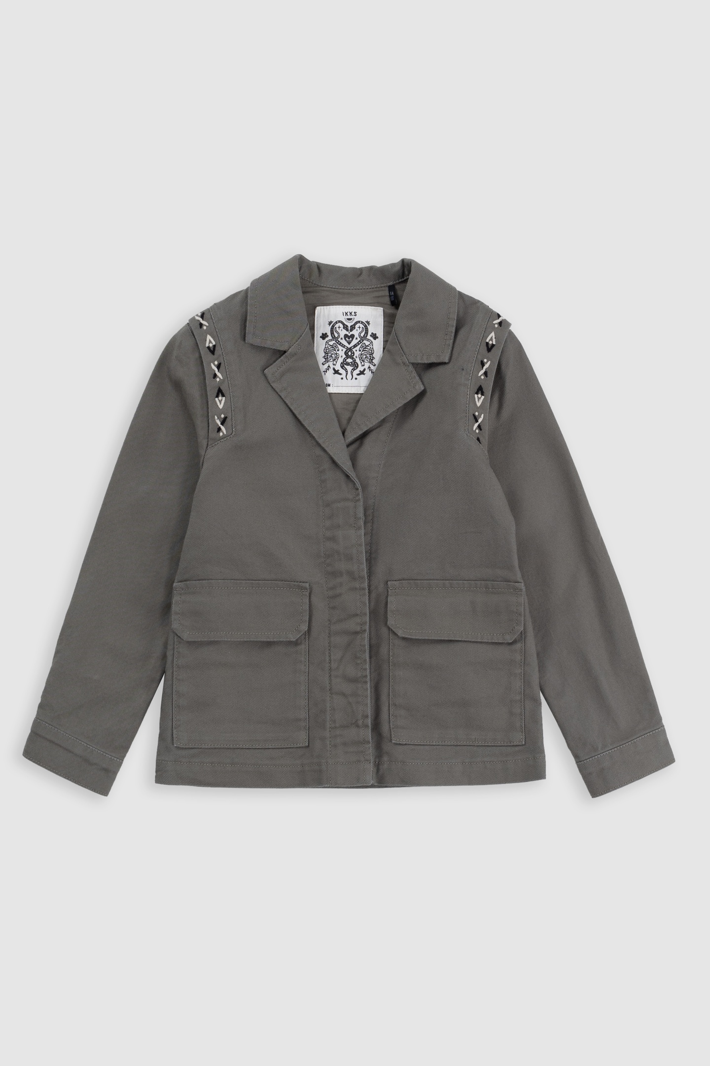 KHAKI MAXI EMBROIDERED BACK SAFARI JACKET 1