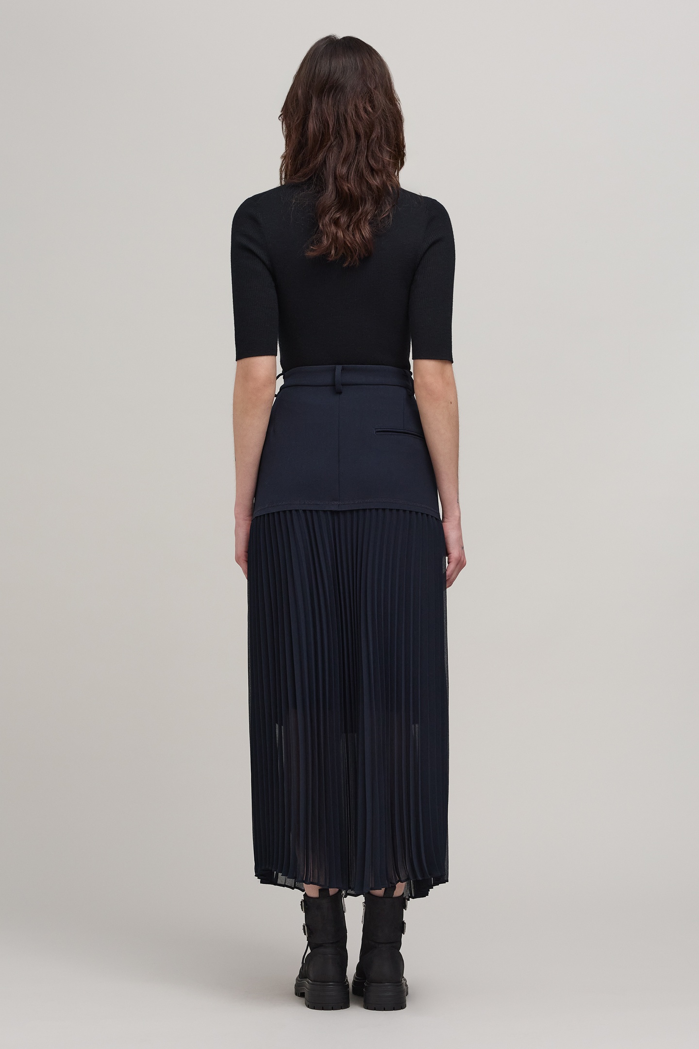 NAVY BI-MATERIAL LONG SKIRT 5