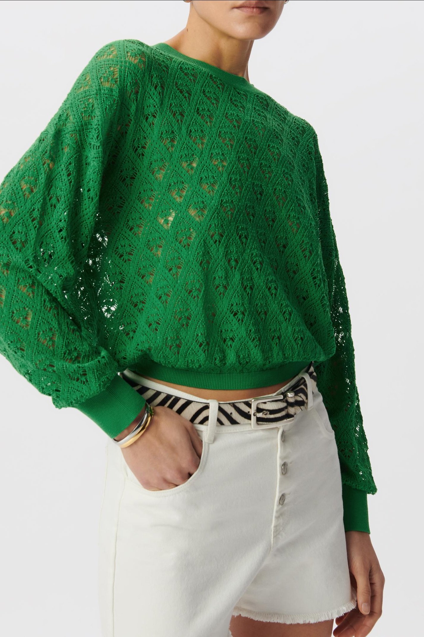GREEN CROCHET-STYLE OPENWORK KNIT SWEATER 2