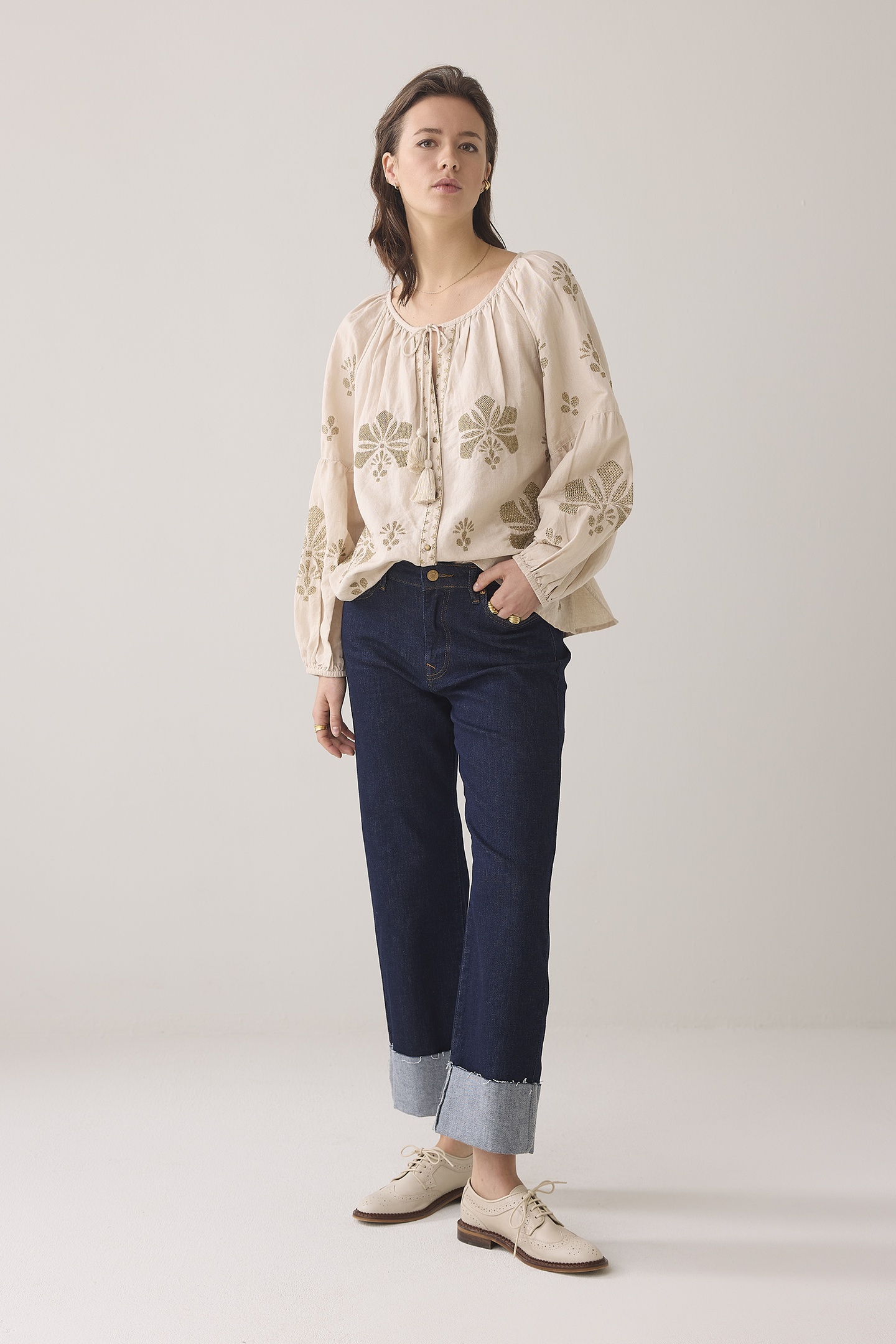 LONG SLEEVE TOP LINEN HEAVY EMBROIDERY PEBBLE BEIGE 1