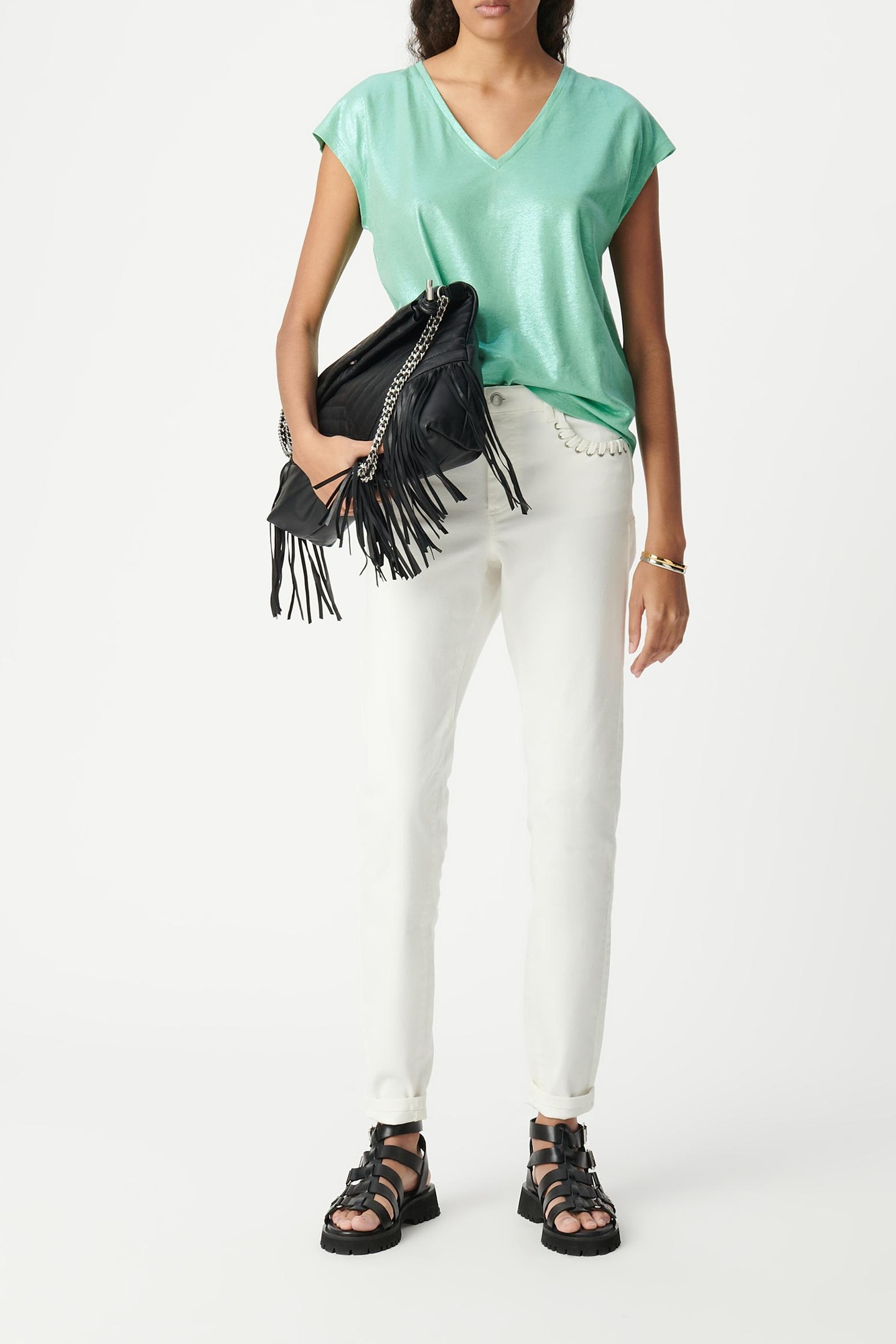 GREEN V-NECK IRIDESCENT KNIT TEE 1