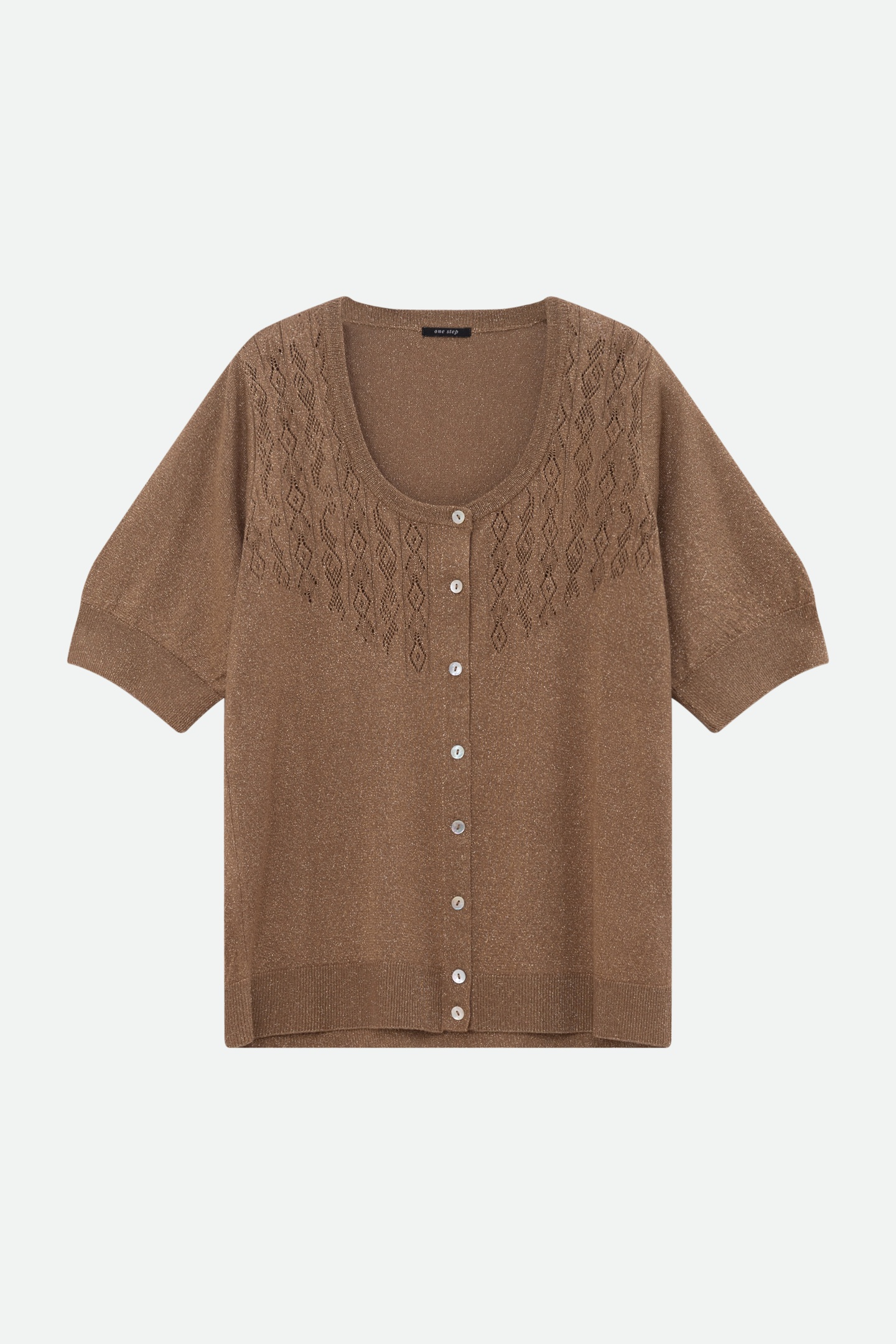 TERENOS - FANCY LUREX KNIT BROWN SHORT-SLEEVED CARDIGAN 6