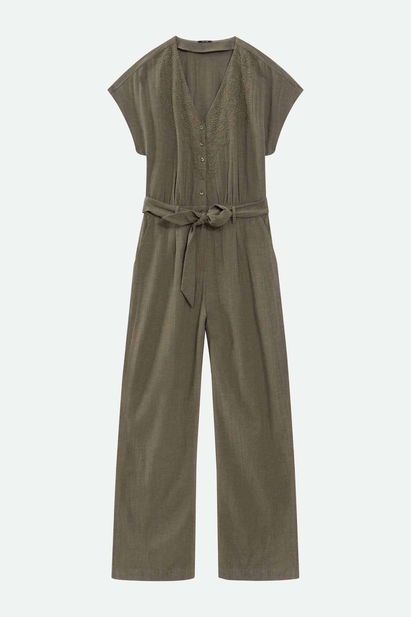 RIO - KHAKI LINEN BLEND JUMPSUIT WITH PLACED EMBROIDERY 4