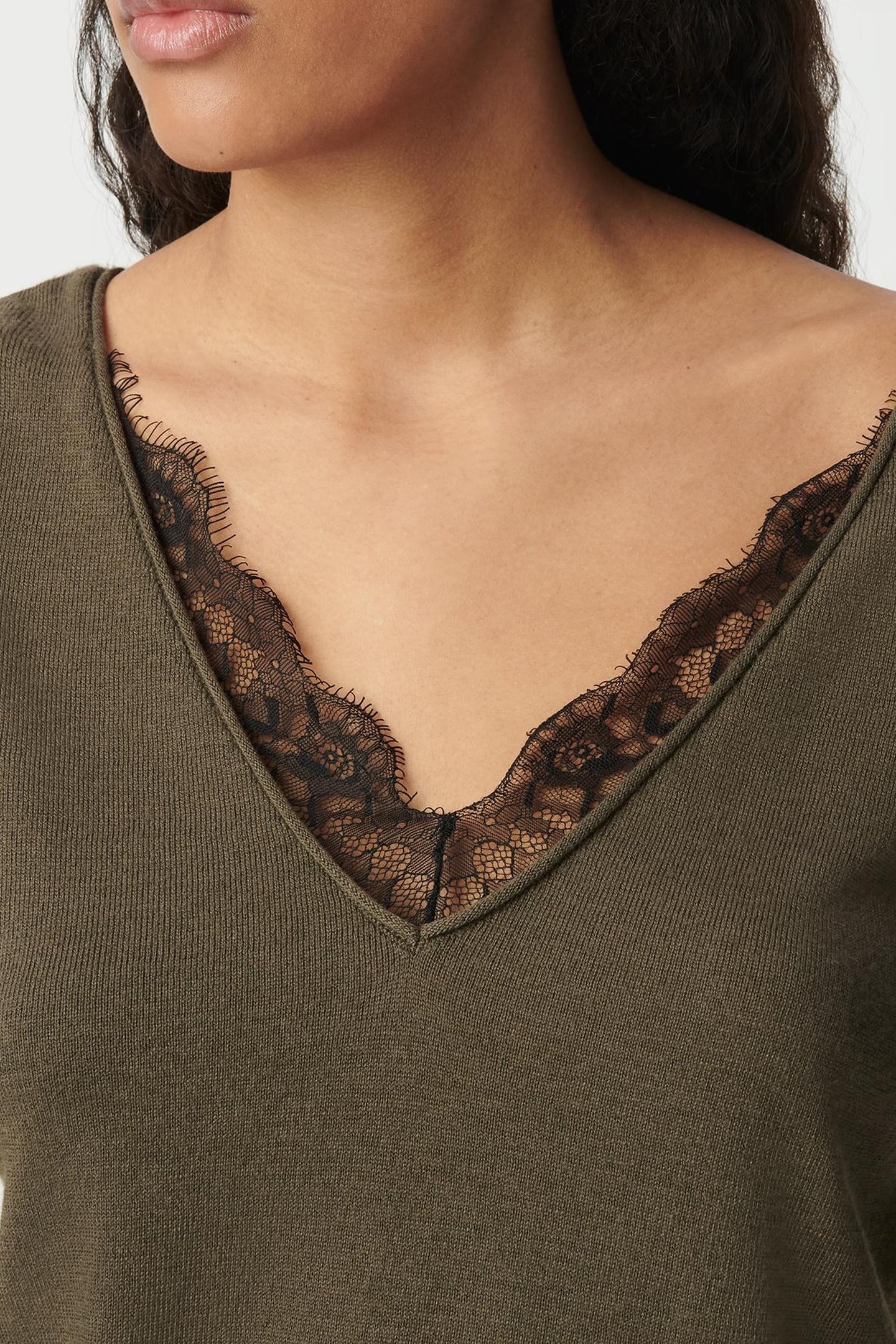 KHAKI SWEATER WITH LACE-TRIMMED FRONT AND BACK 6