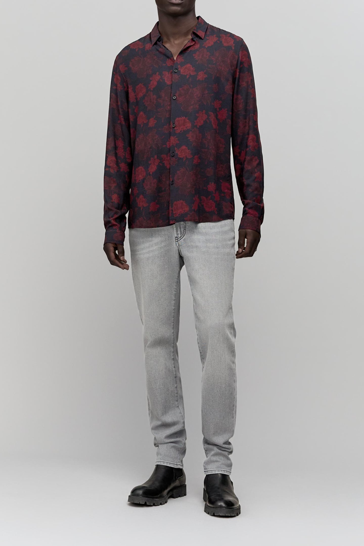 BLACK SLIM SHIRT WITH RED ROSE PRINT 3