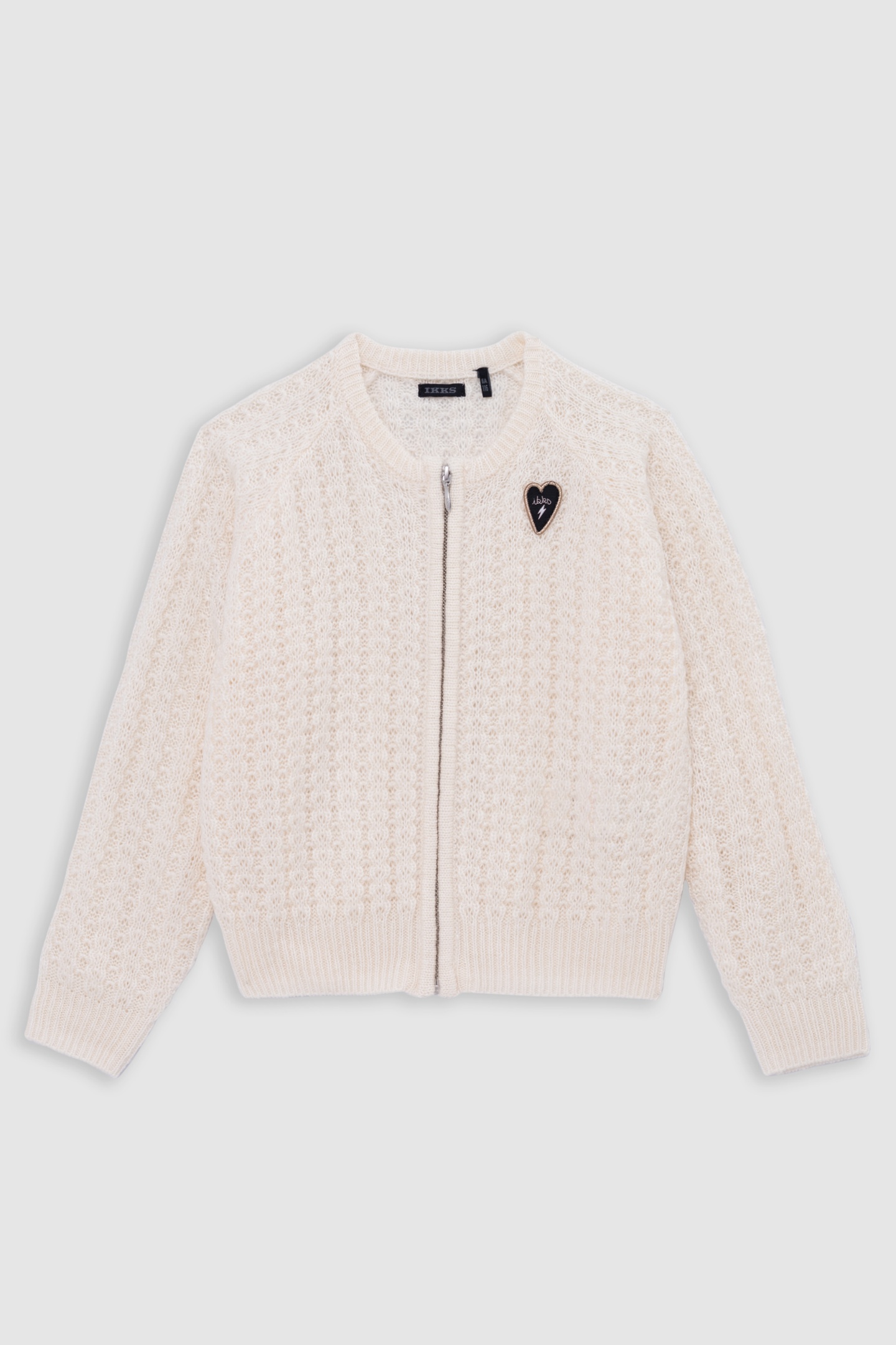 GIRL'S ECRU CARDIGAN WITH ZIPPER AND FANCY OPENWORK KNIT 1