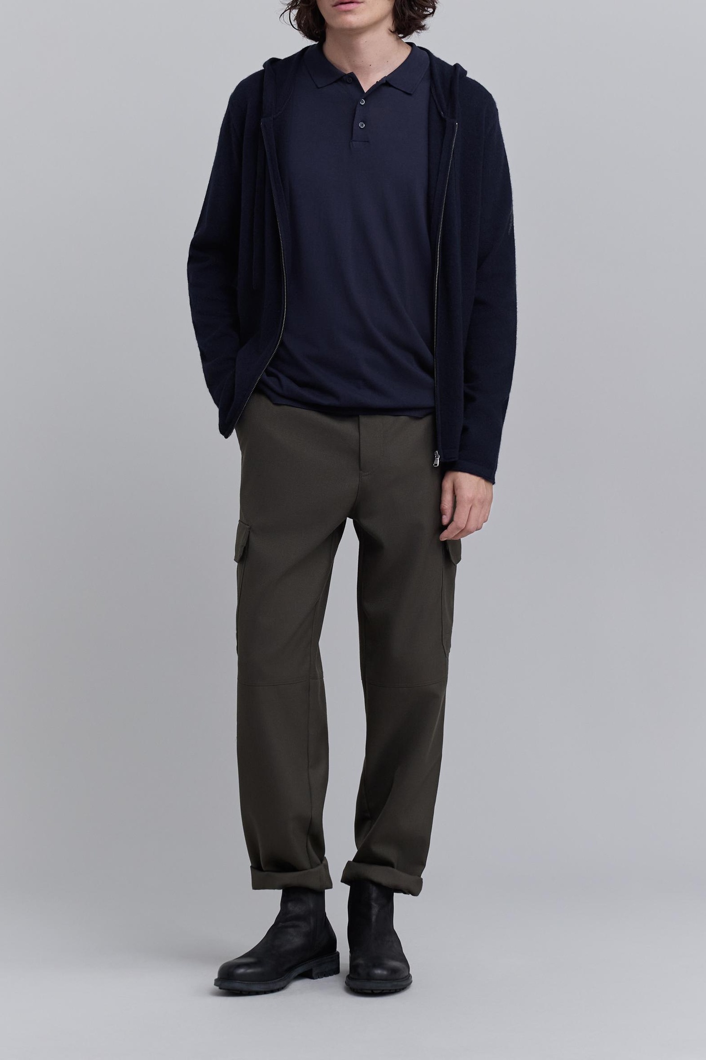 NAVY PURE CASHMERE ZIPPED HOODED CARDIGAN 1