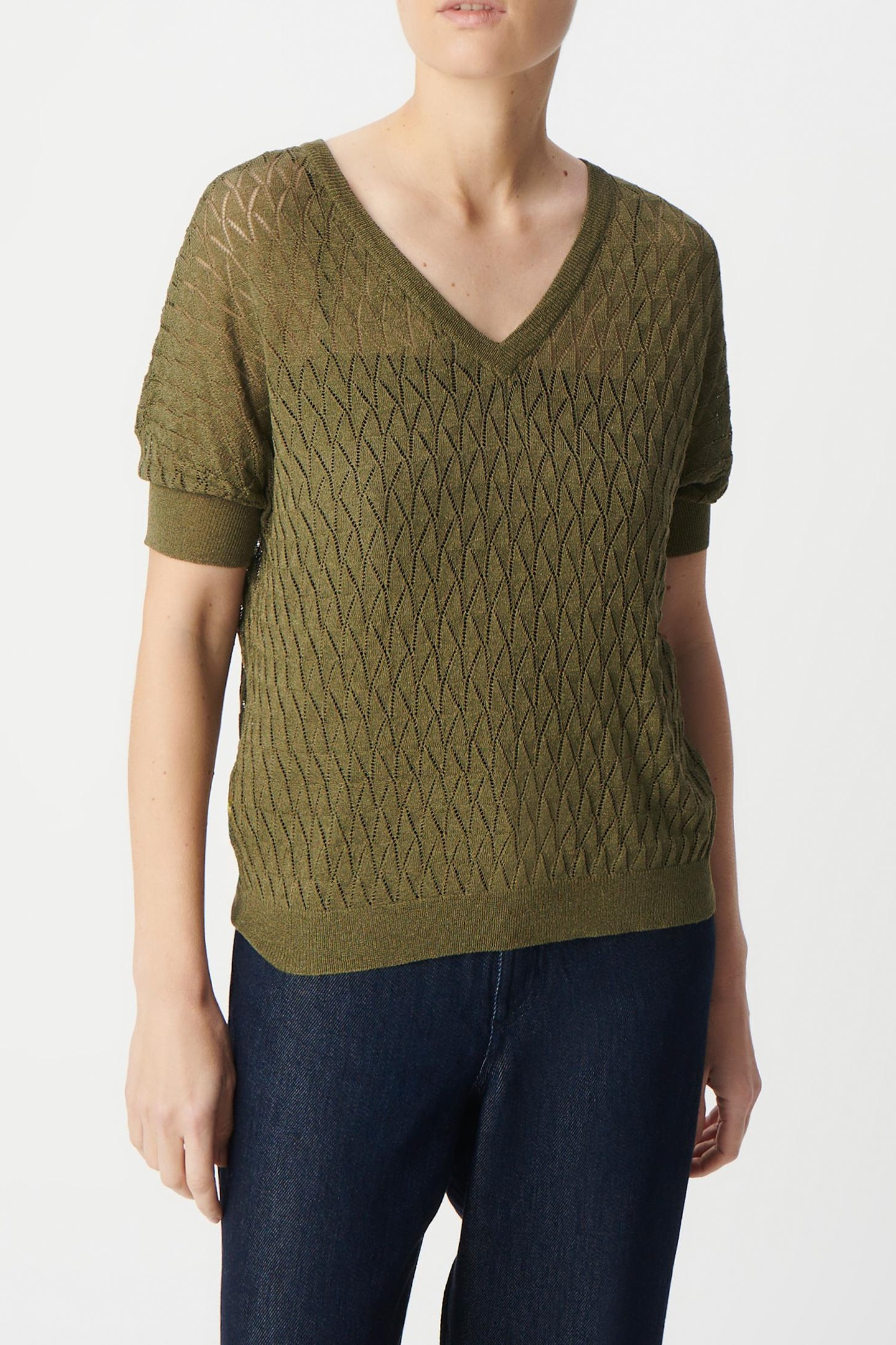 KHAKI KNITTED LUREX OPENWORK V-NECK SWEATER 3