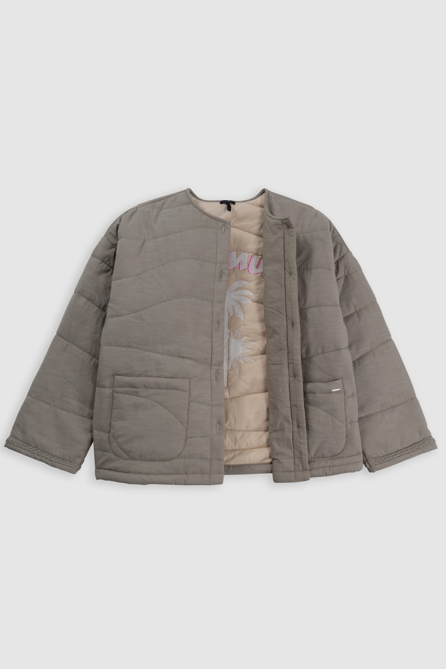 KHAKI QUILTED JACKET WITH MAXI BACK EMBROIDERY 3